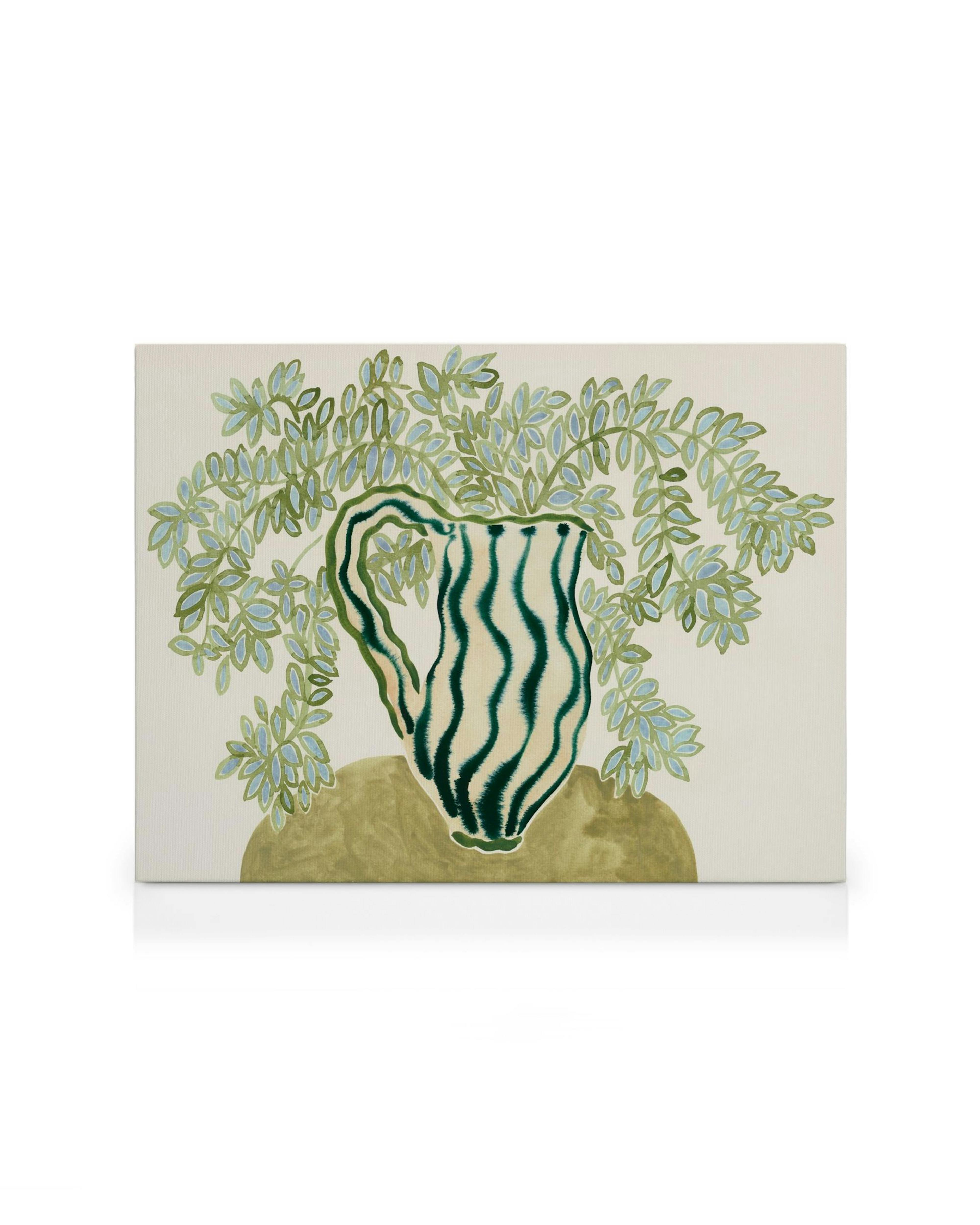 A canvas print featuring a green and cream striped pitcher filled with green and light blue leaves on a beige background.