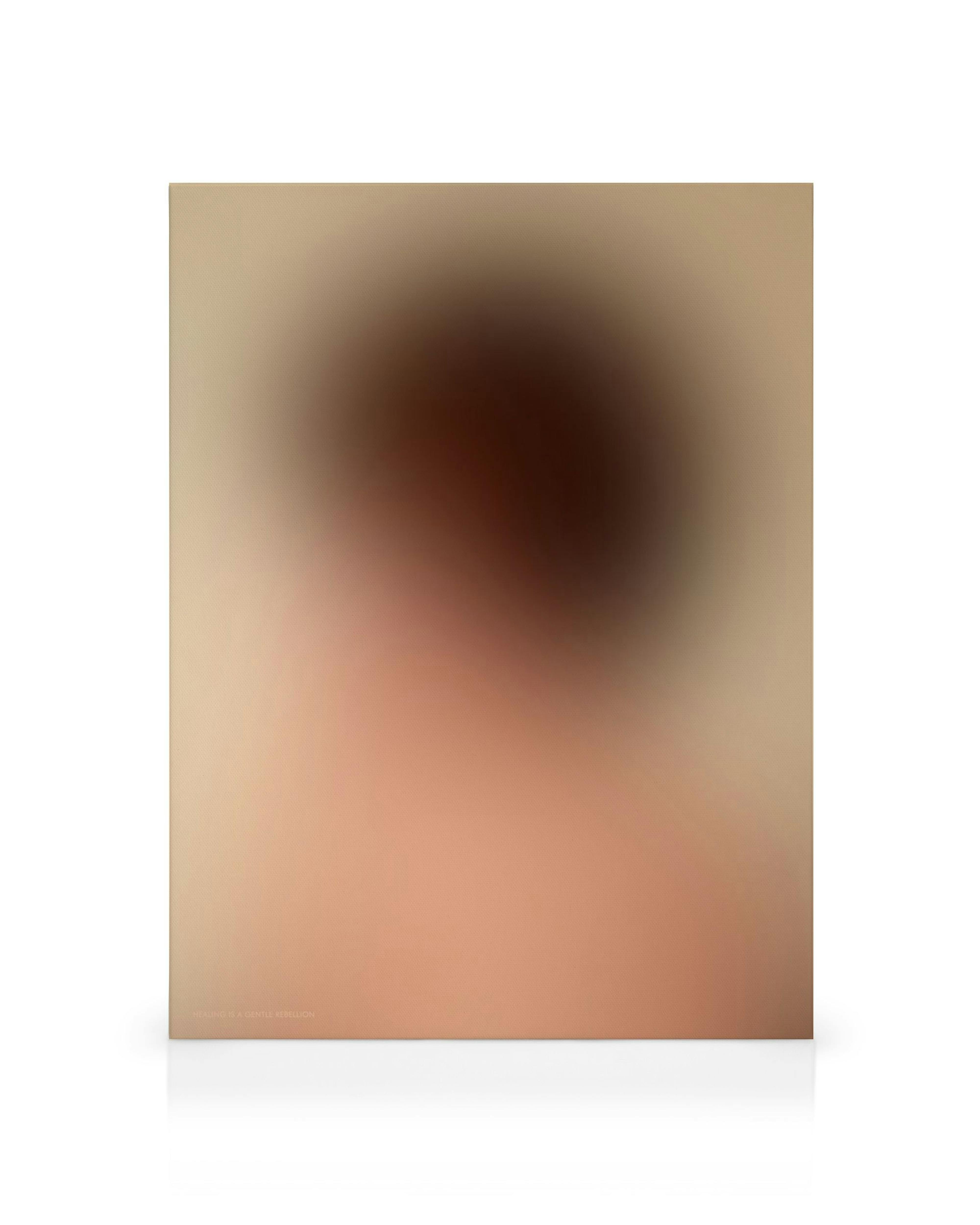 A canvas print featuring a dark brown blurred circle against a warm beige to peach gradient background.