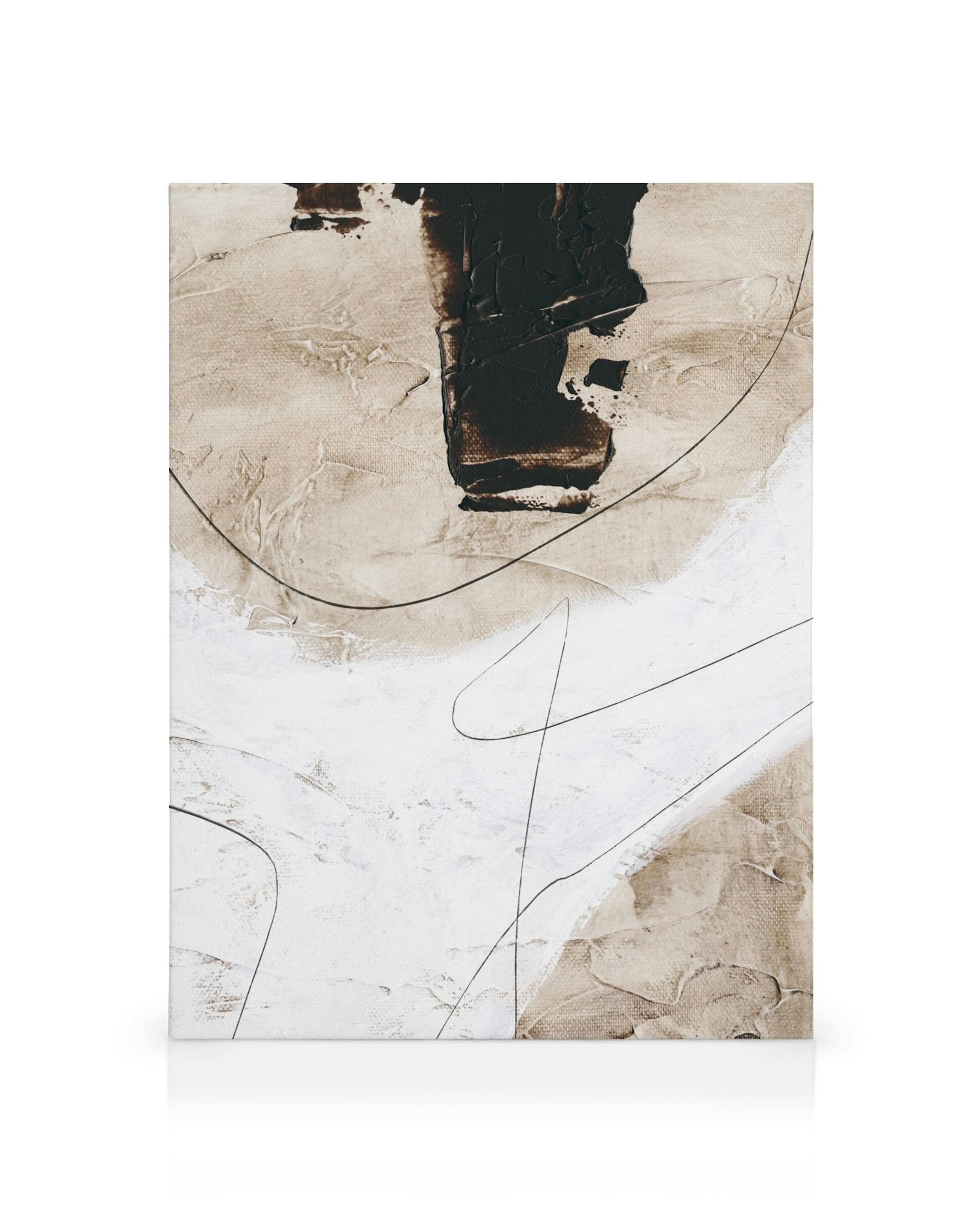 A canvas print featuring an abstract design with a thick black brushstroke, textured beige and white paint, and thin black lines