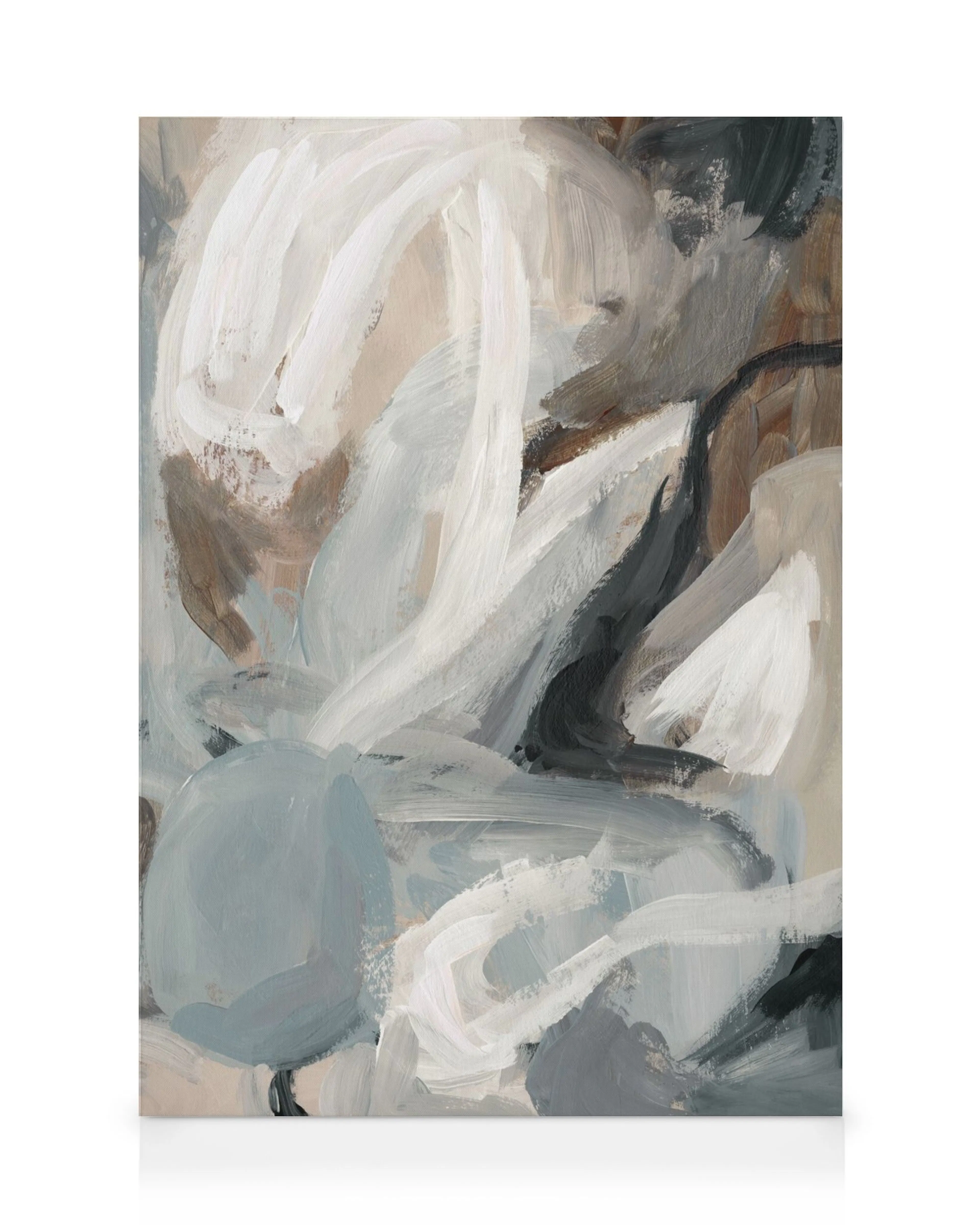 Lienzo abstracto con trazos de pintura gruesos en tonos neutros como blanco, gris, azul claro y marrón.