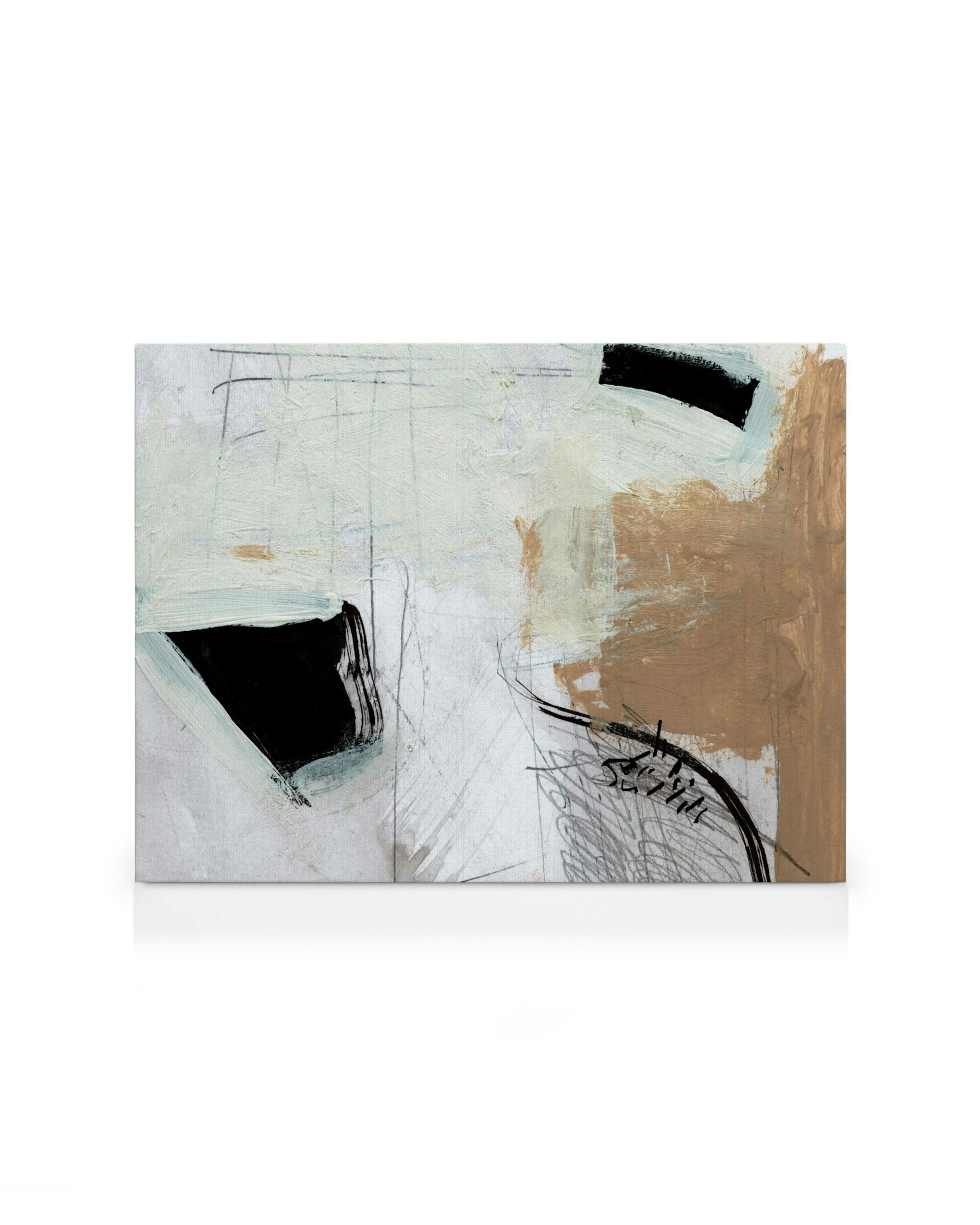 A canvas print with abstract brushstrokes in black, beige, and white, with thin lines and scribbles.