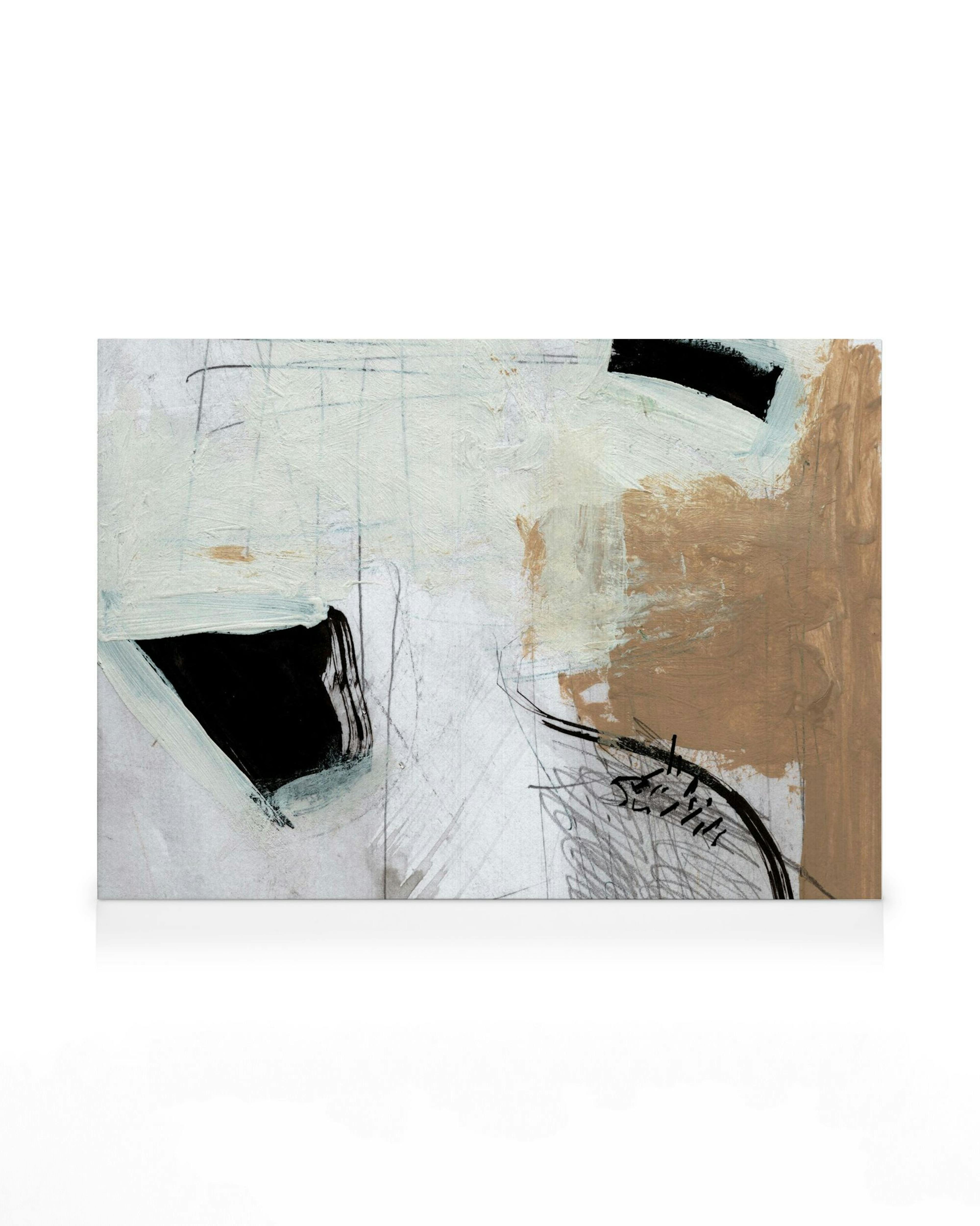 A canvas print with abstract brushstrokes in black, beige, and white, with thin lines and scribbles.