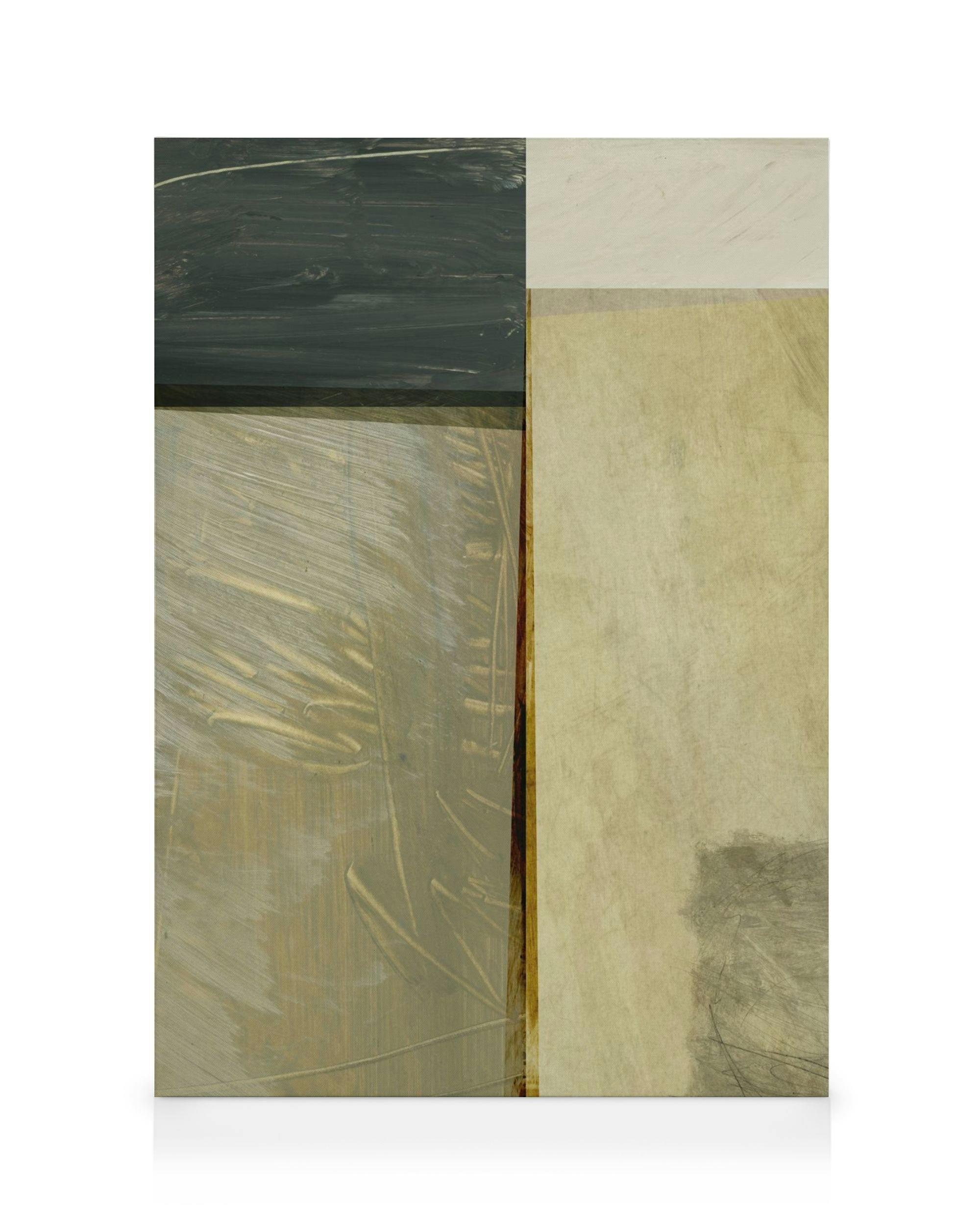 Tela decorativa abstrata com blocos de cor cinza-escuro, bege e verde-acinzentado com texturas e pinceladas.