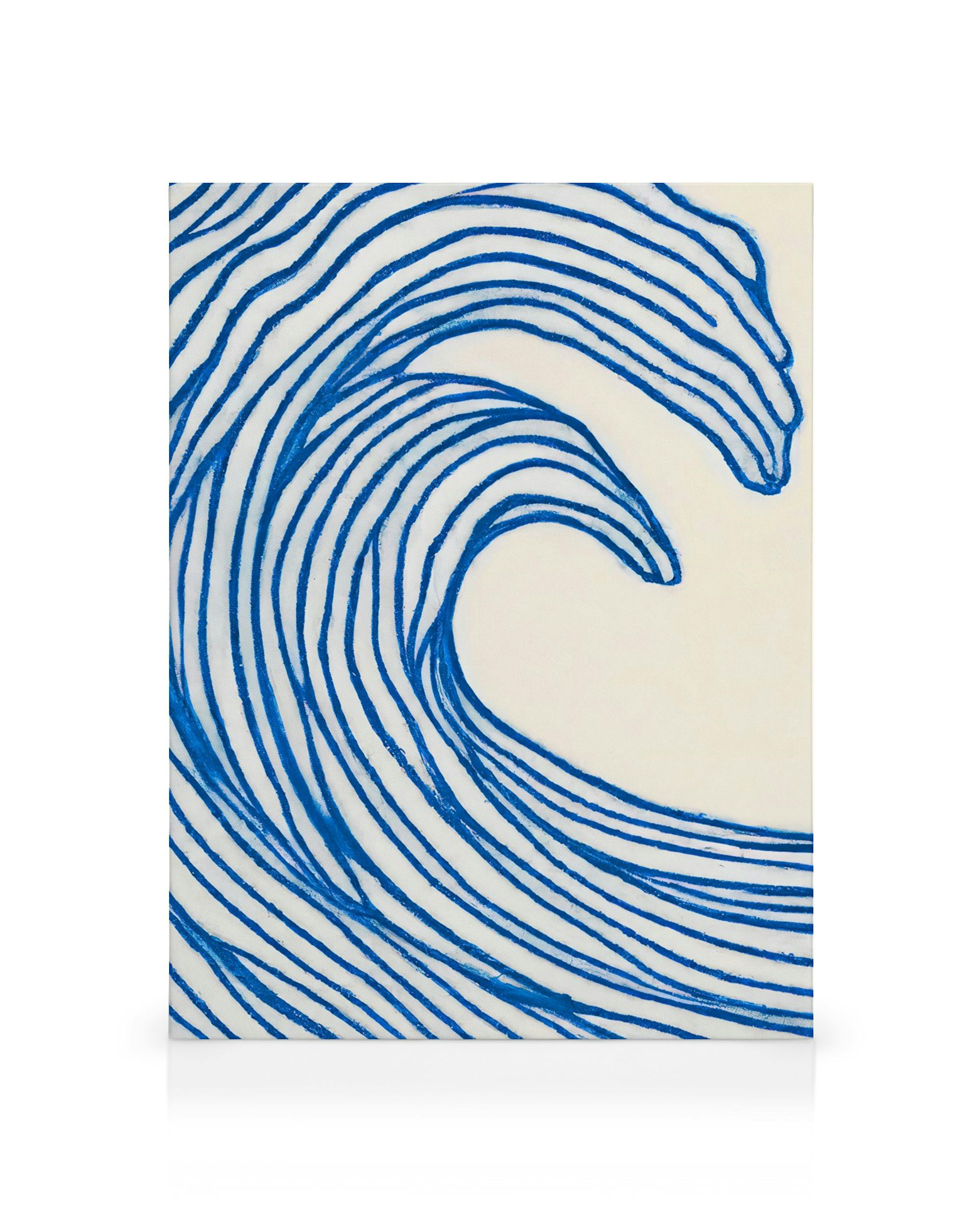 A canvas print features an abstract ocean wave design with thick, textured blue lines on a cream background.