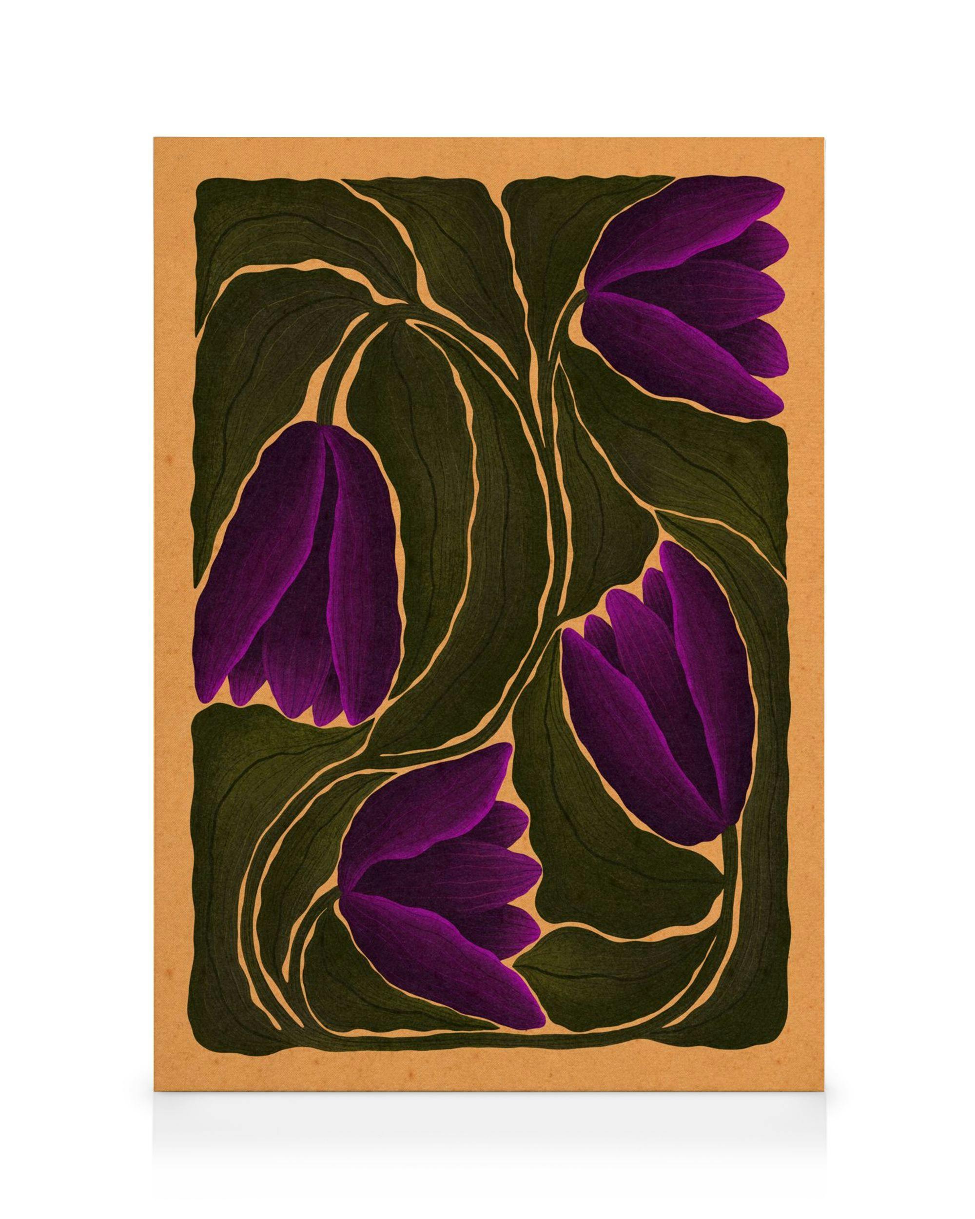 A canvas print featuring four vibrant purple flowers with dark green leaves on a light brown background.