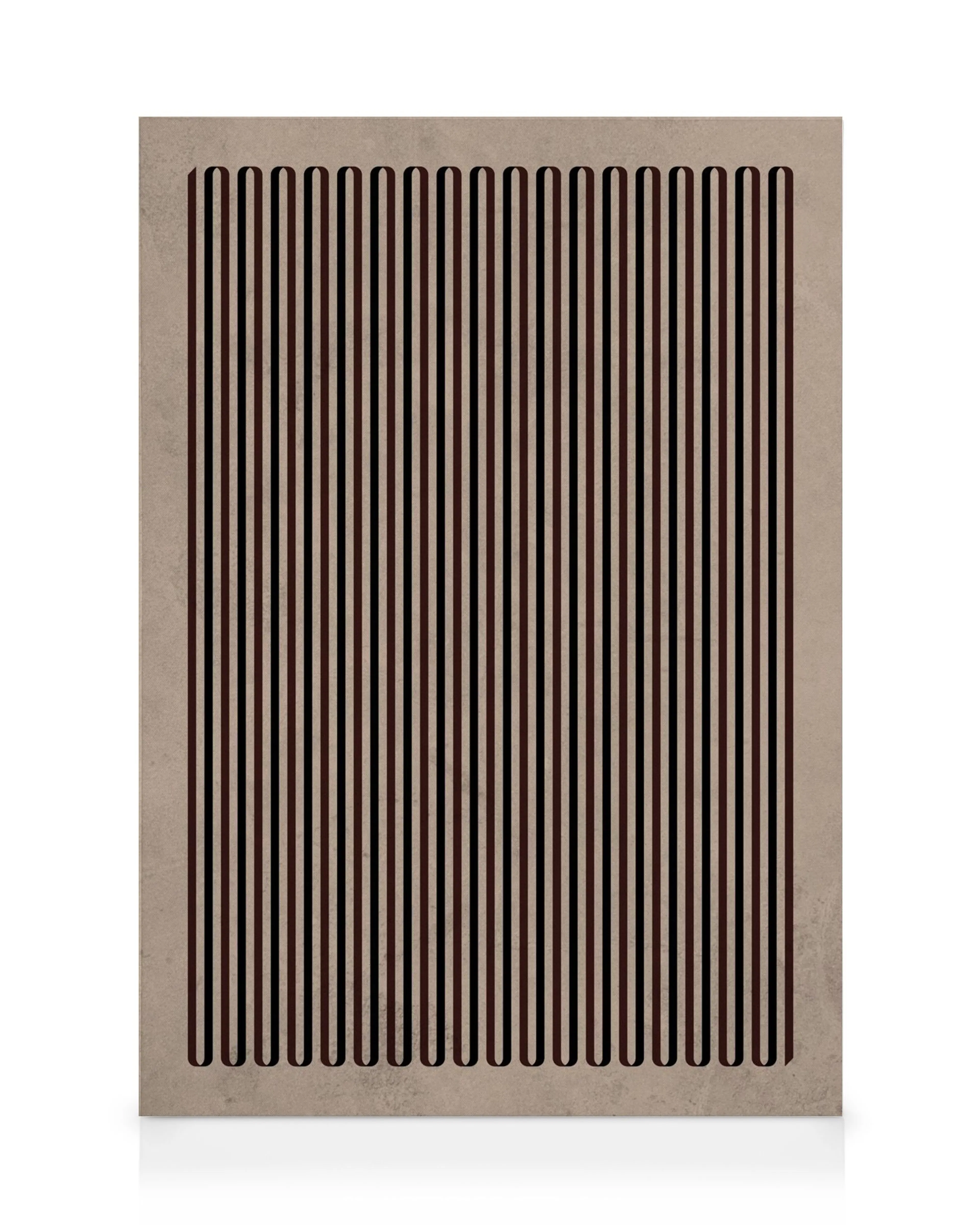 Tela decorativa com padrão de linhas verticais em tons de castanho, preto e bege, com topo e base curvados.