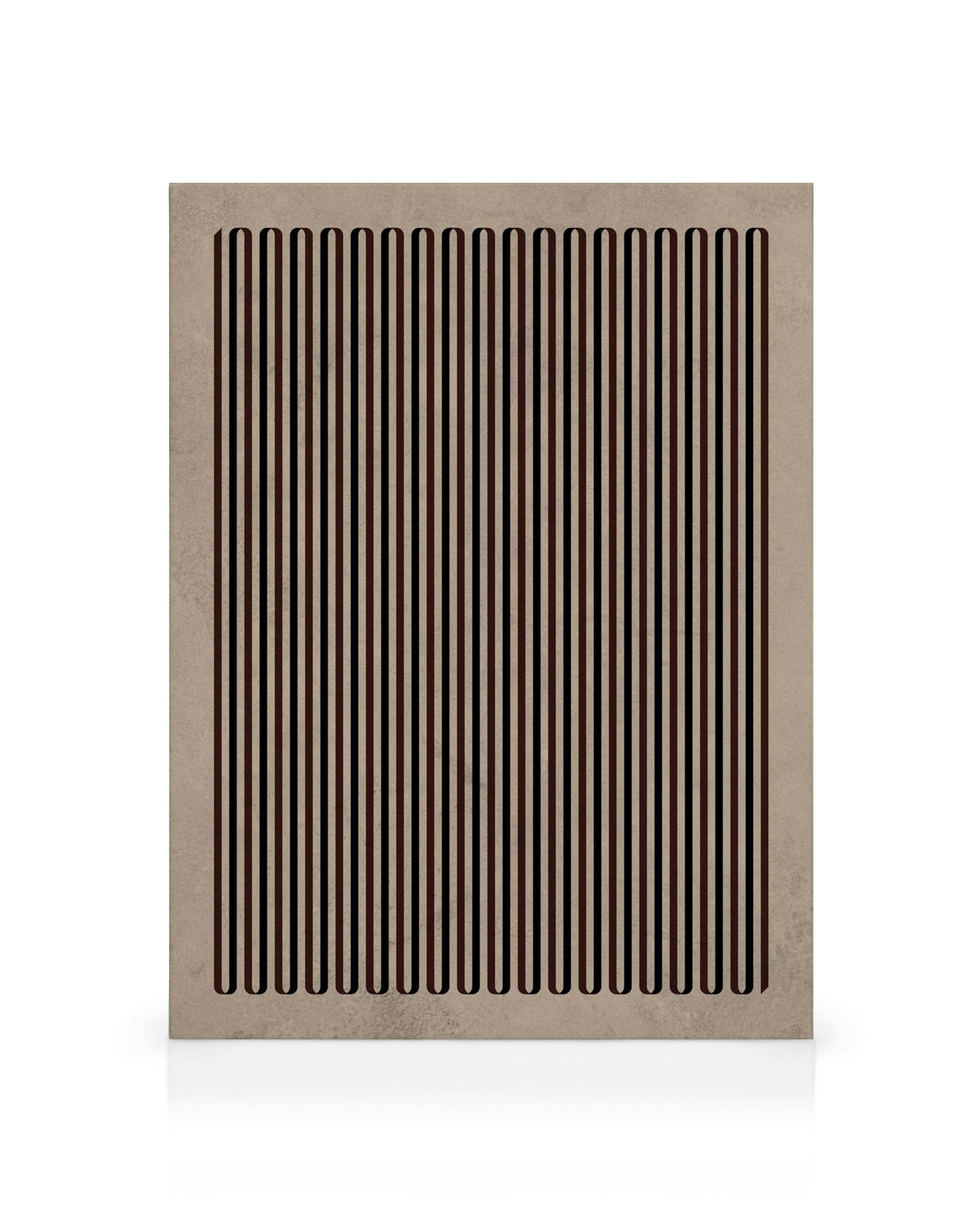 Stampa su tela con motivo geometrico a linee verticali marroni e nere su sfondo beige testurizzato.