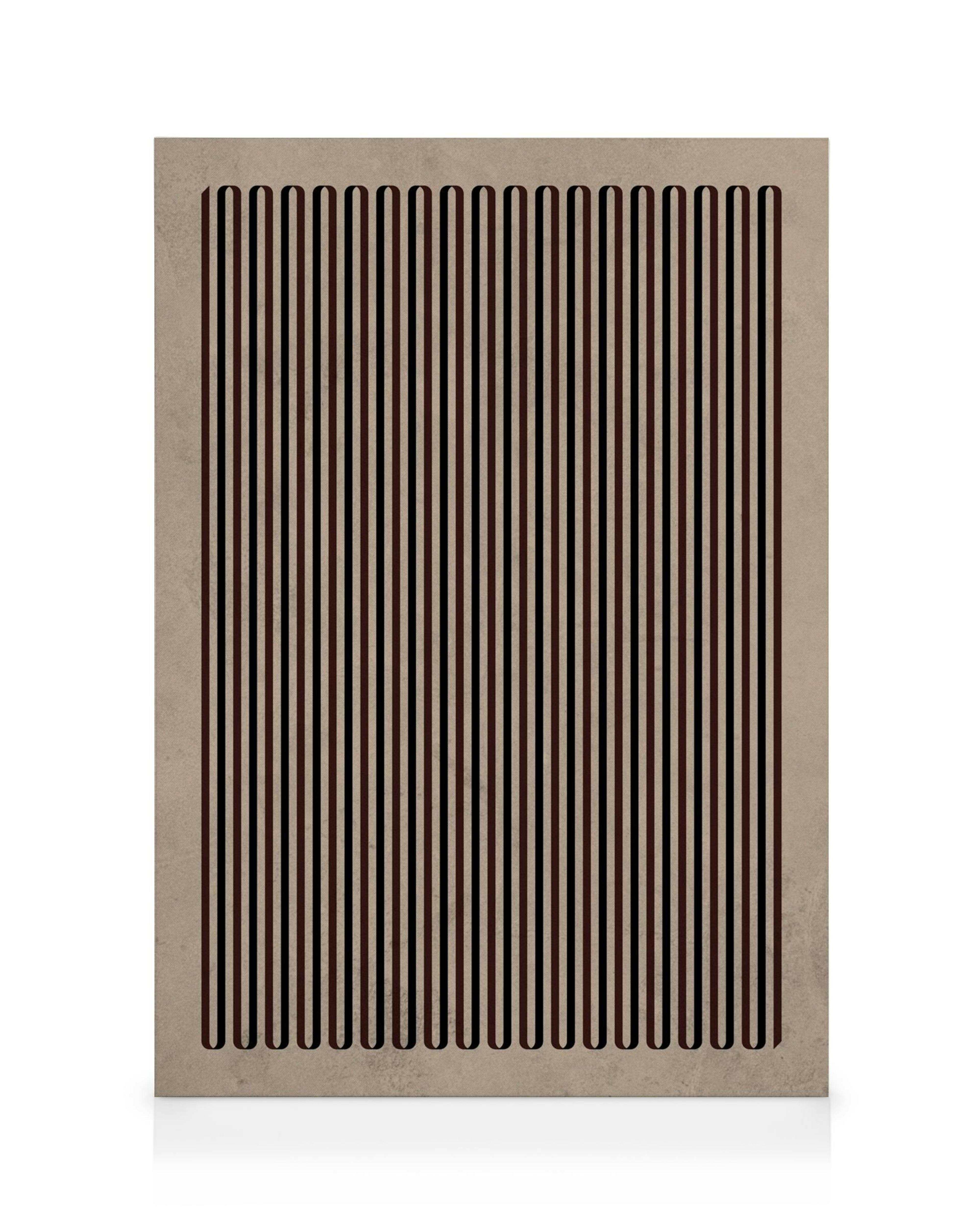 Stampa su tela con motivo geometrico a linee verticali marroni e nere su sfondo beige testurizzato.