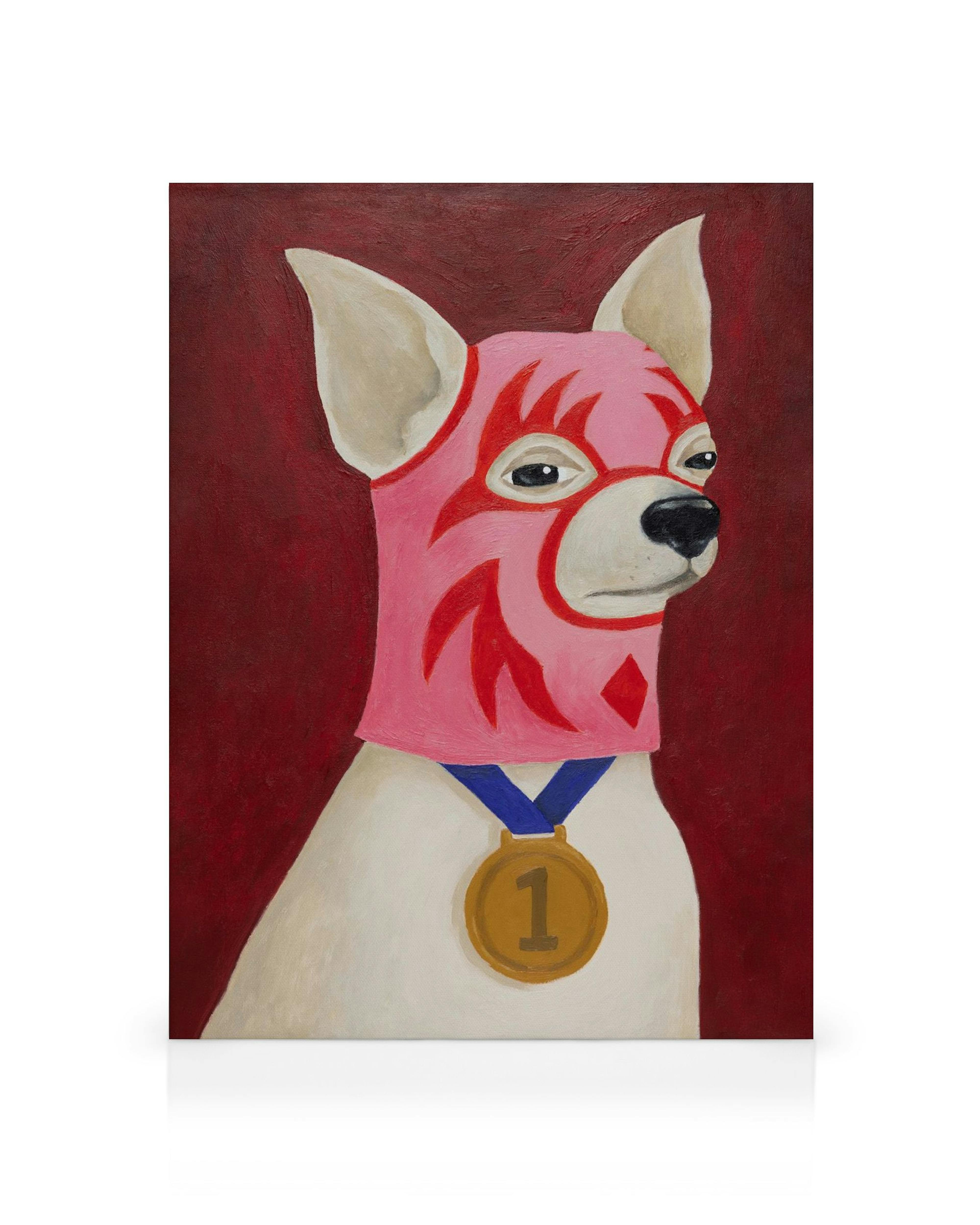 Leinwandbild eines Chihuahuas mit rosafarbener Maske und rotem Muster sowie einer goldenen Medaille mit der Nummer 1 auf dunkelr