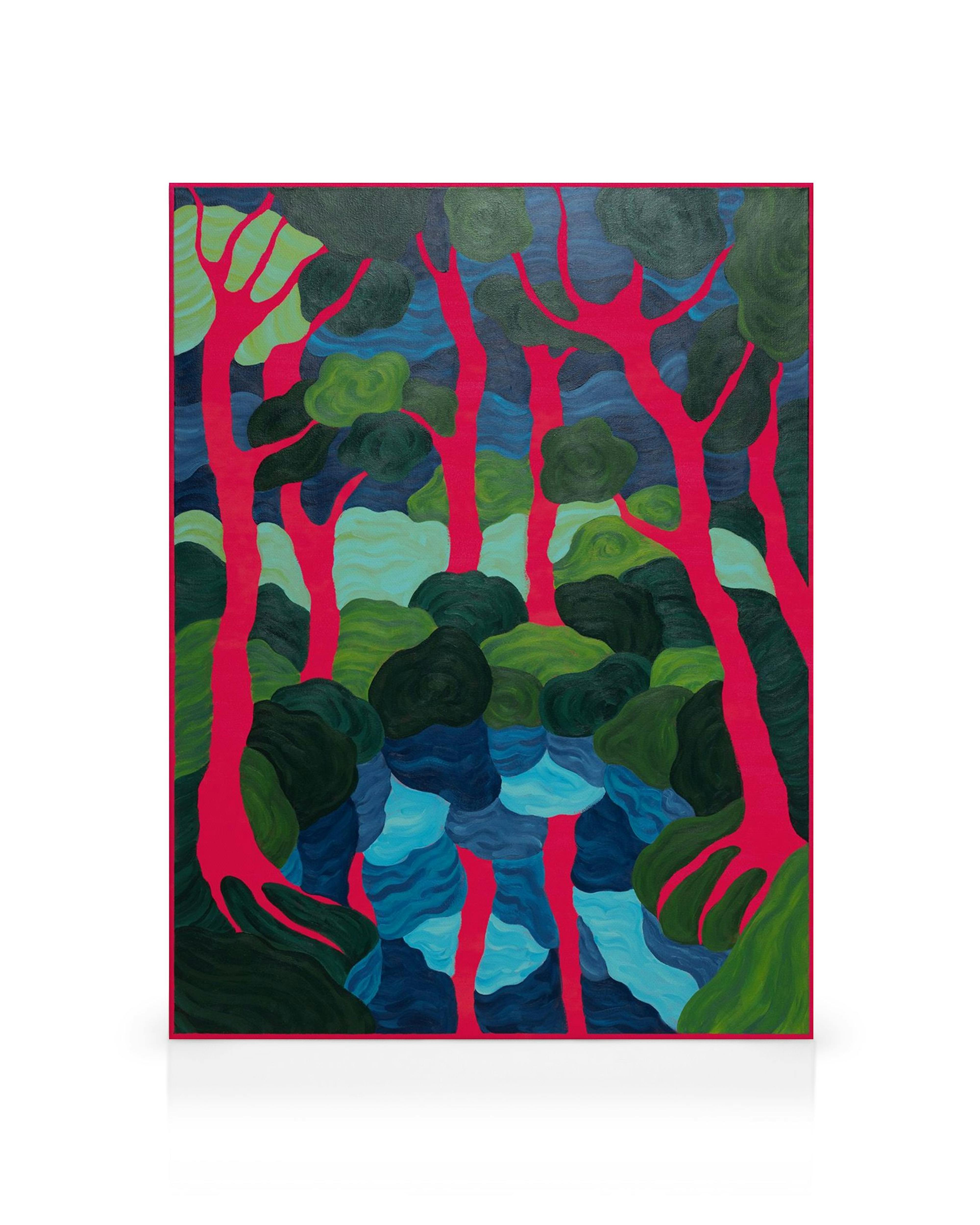 Tela decorativa com árvores de troncos rosa-choque e folhagem em vários tons de verde e azul.