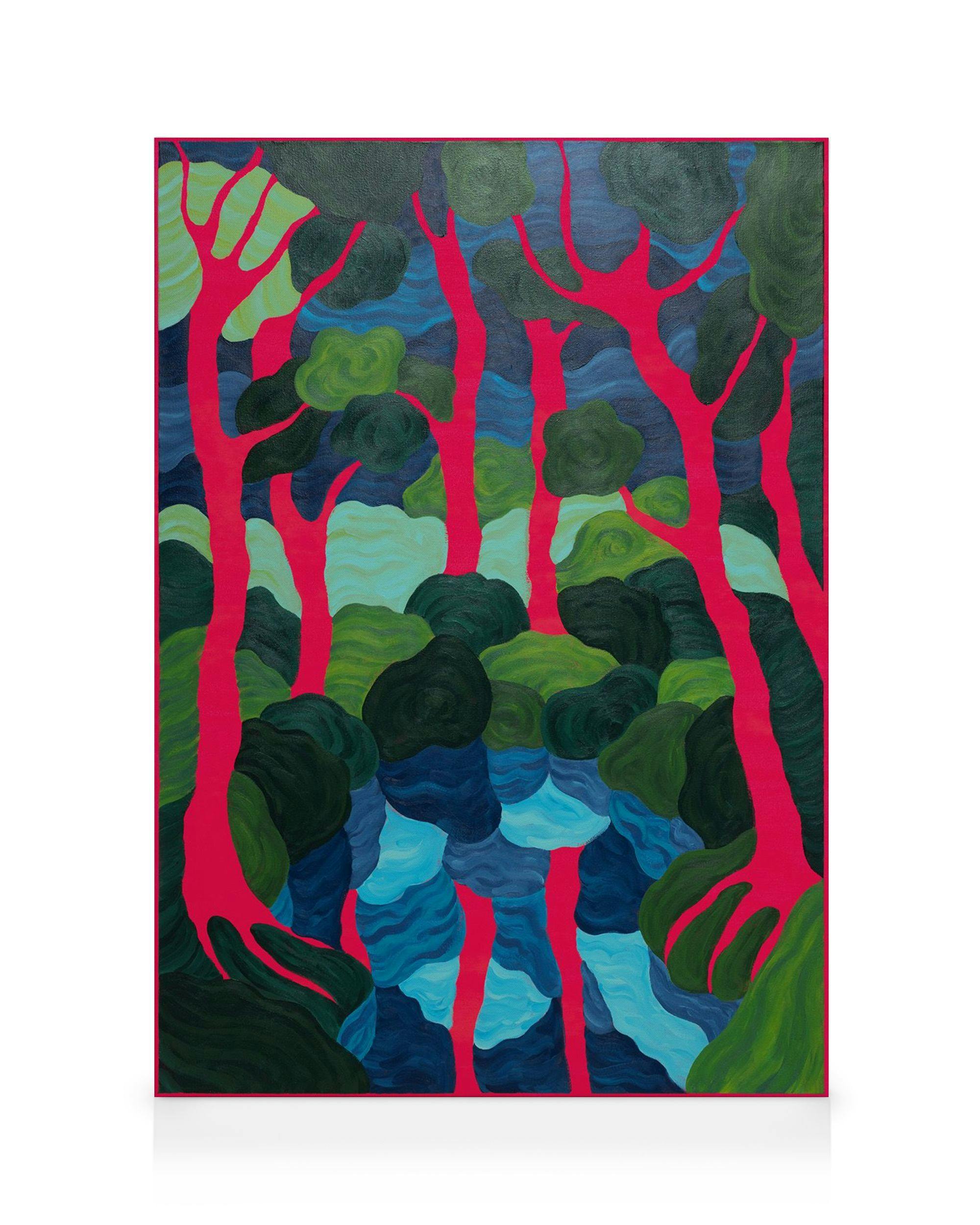 Stampa su tela di alberi dalle foglie verdi e tronchi rosa acceso, con acqua blu e verde sfumata.