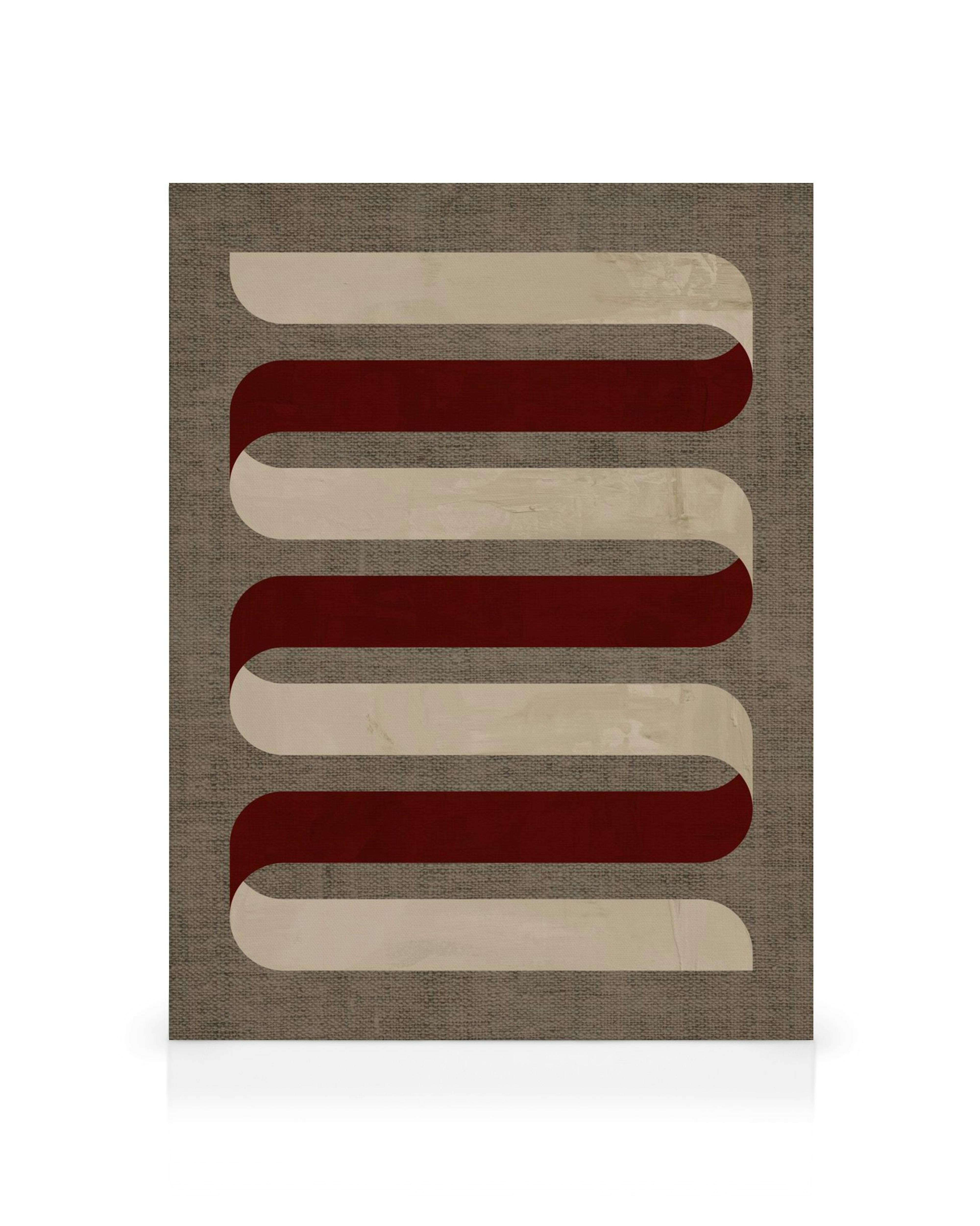 Tela decorativa com padrão abstrato de faixas onduladas em vermelho e bege sobre fundo texturizado cinzento.