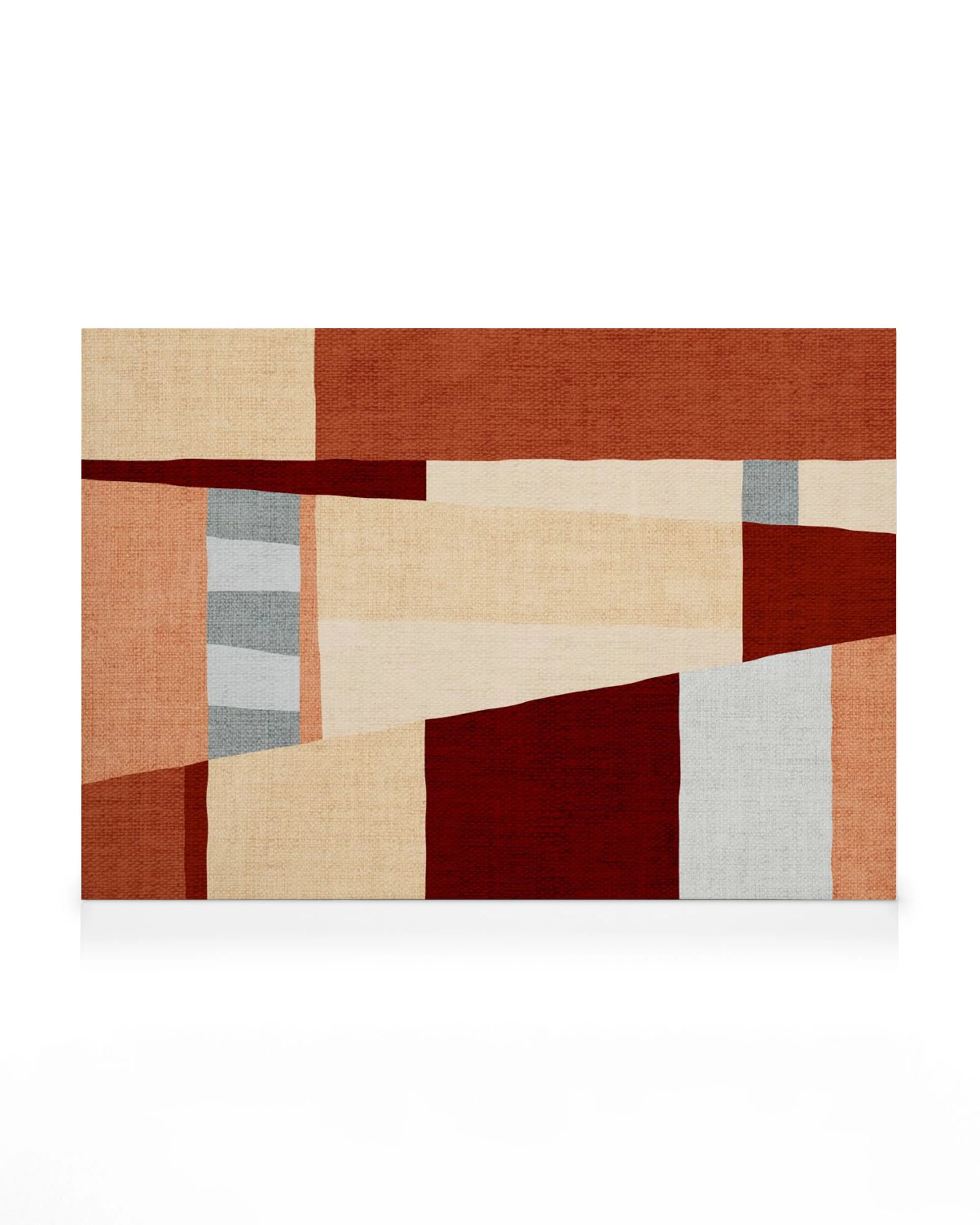 Abstract canvas met oranje, rode, beige en grijze geometrische vormen die in elkaar overlopen.