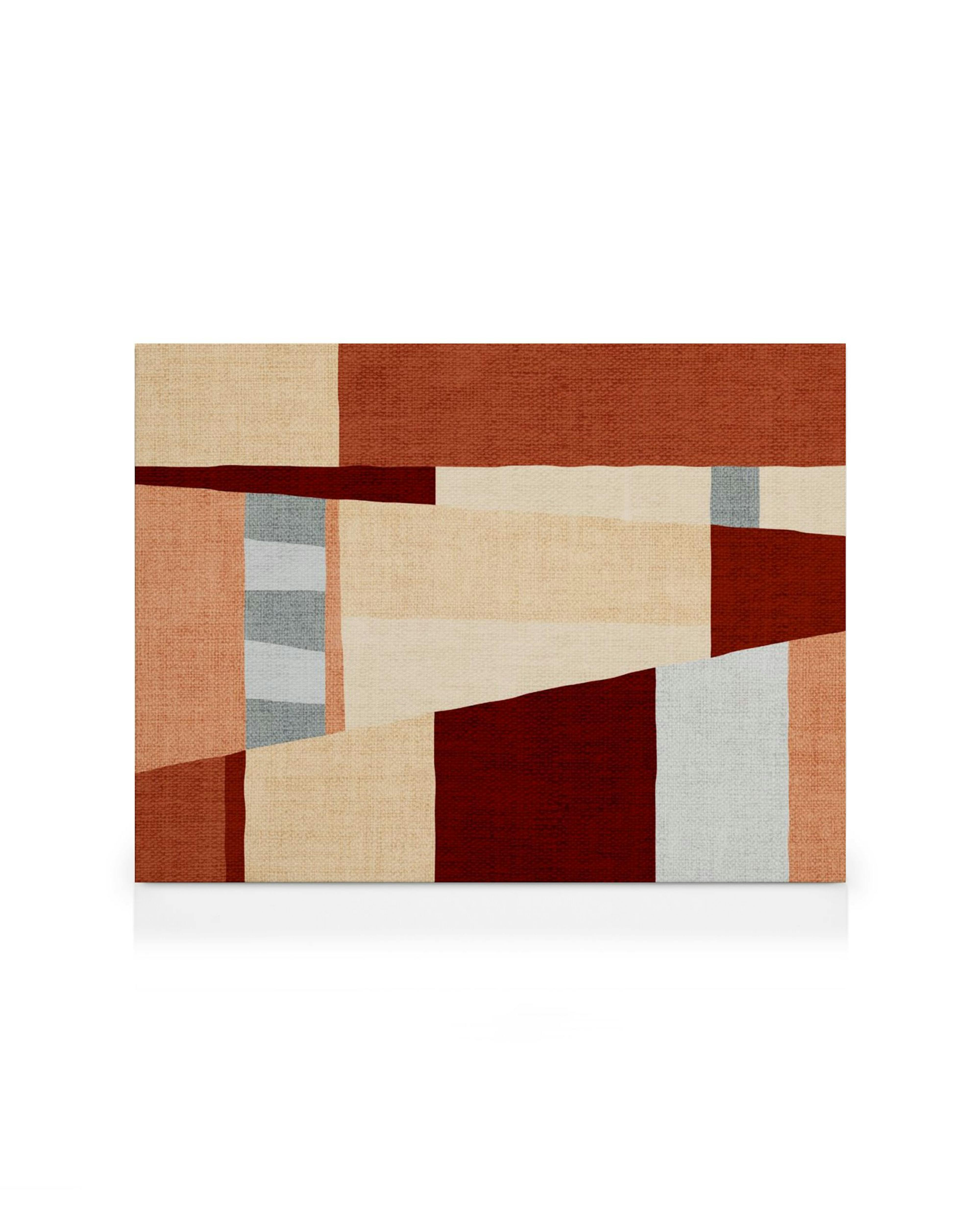 Stampa su tela astratta con blocchi di colore in tonalità terracotta, bordeaux, beige e grigio.