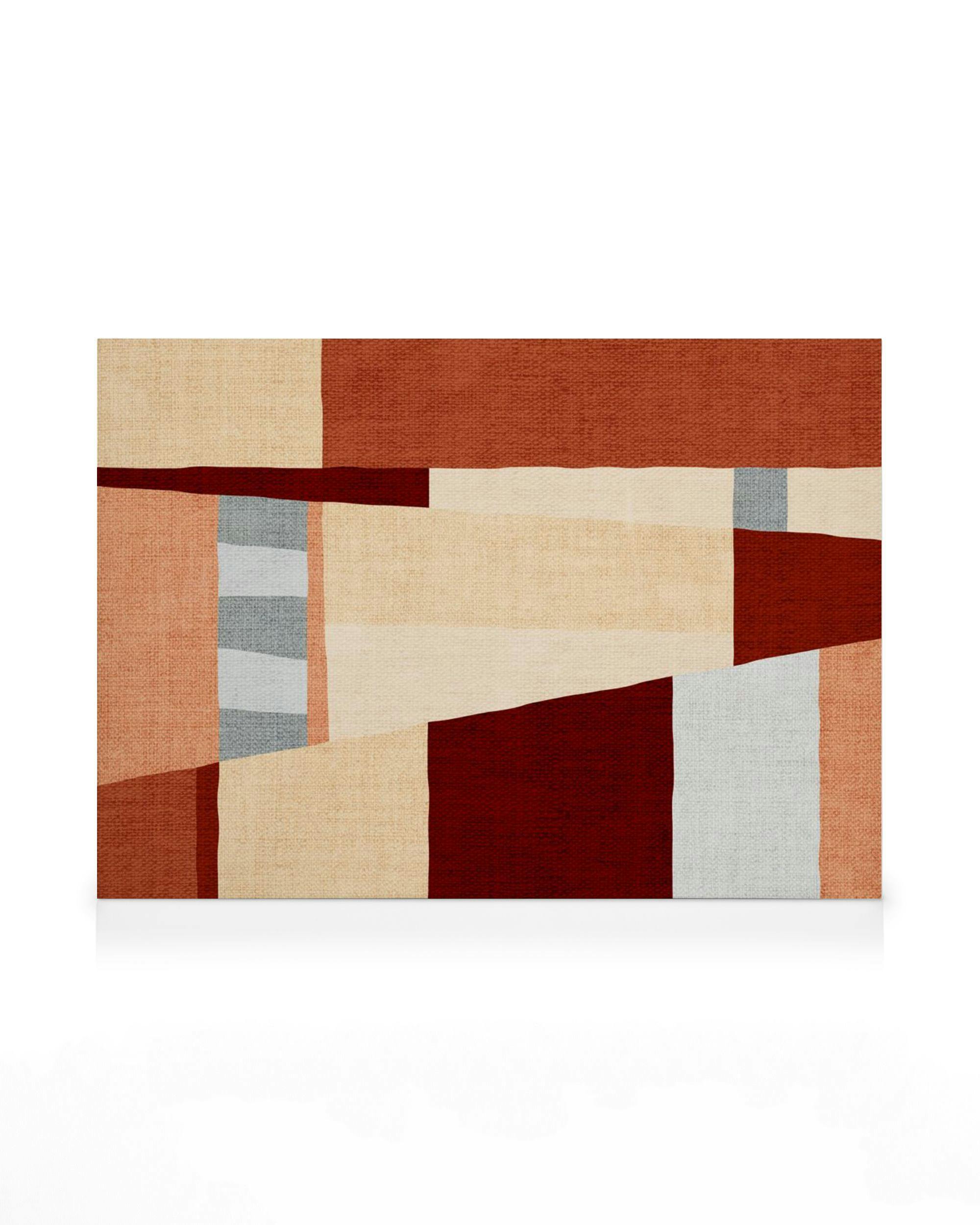 Stampa su tela astratta con blocchi di colore in tonalità terracotta, bordeaux, beige e grigio.