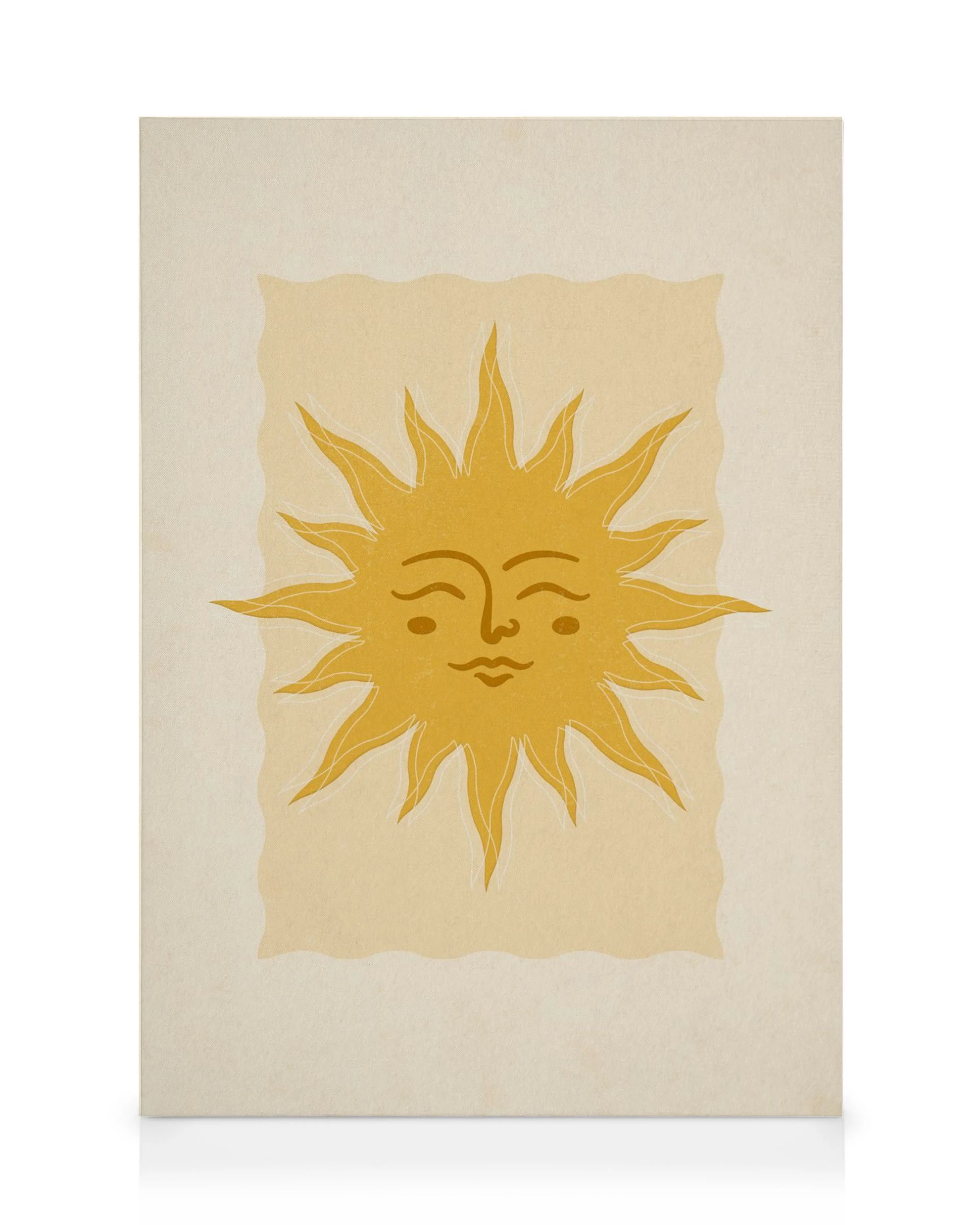 Leinwandbild mit einer minimalistischen goldenen Sonne mit Gesicht, umgeben von einem hellgelben Rechteck auf beigem Hintergrund