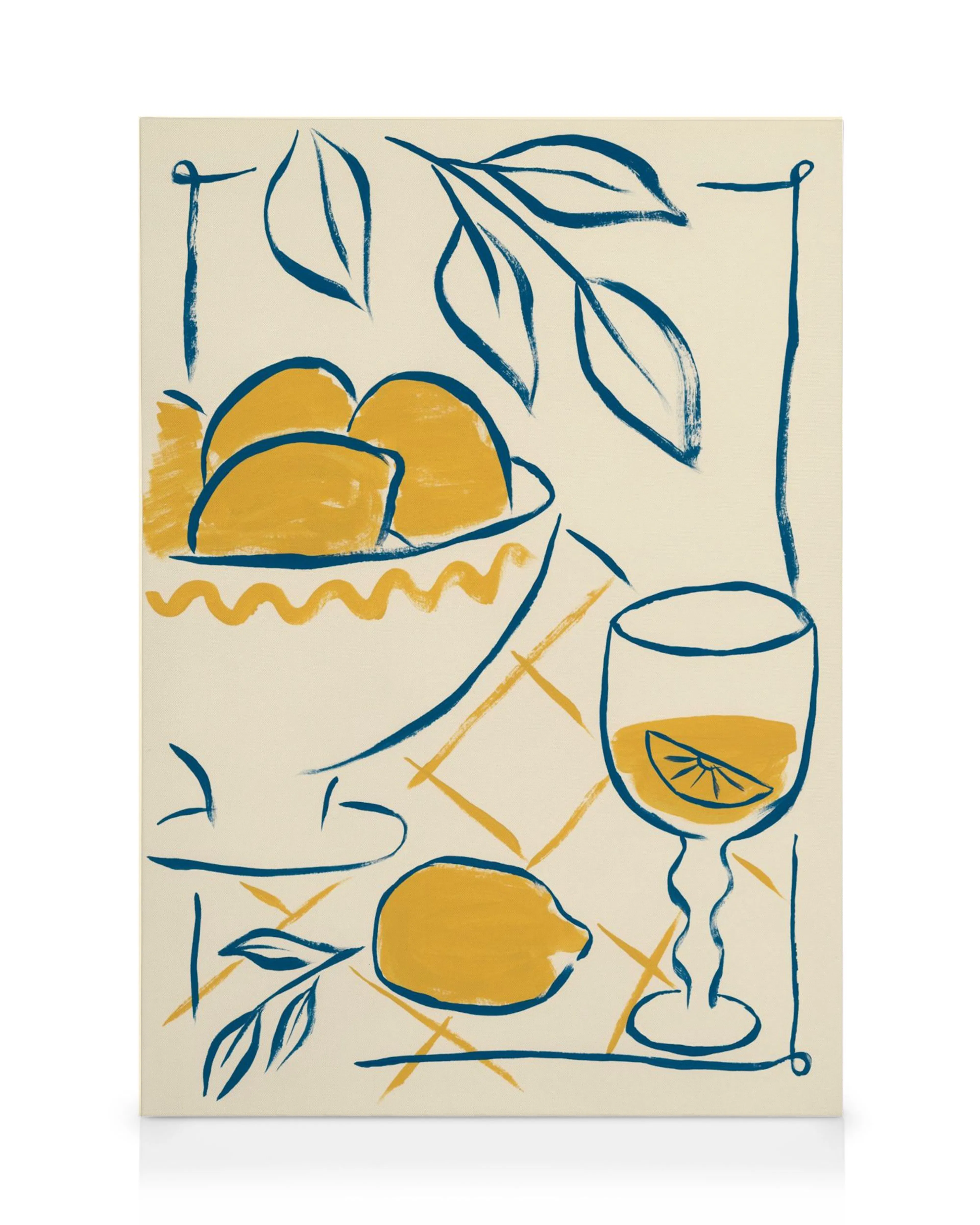 Leinwandbild mit einer Schale voller Zitronen, einem Glas Limonade und Blättern in Gelb und Blau auf hellem Hintergrund.