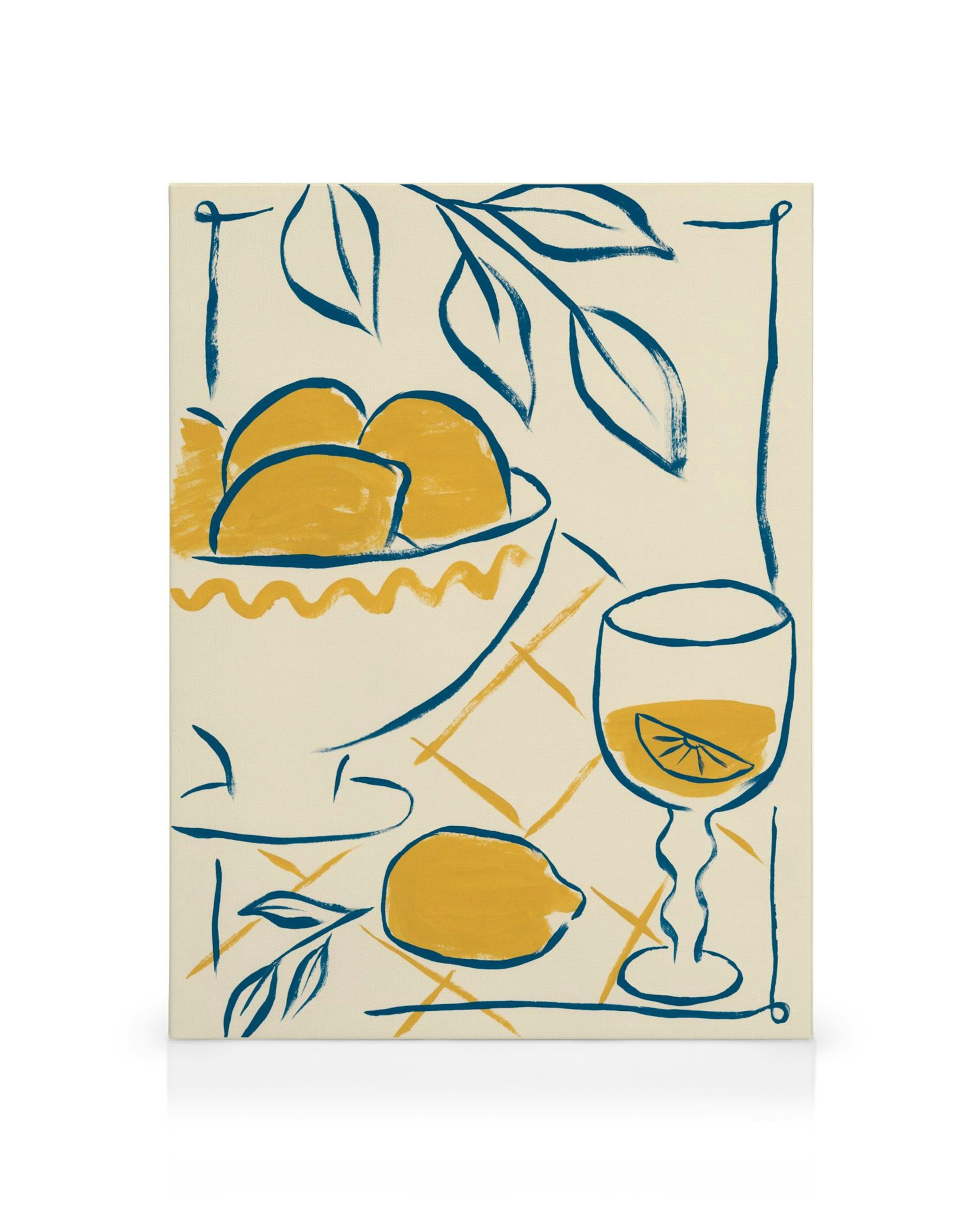Obraz na płótnie przedstawiający misę z cytrynami, szklankę lemoniady i cytrynę, w odcieniach żółci i granatu.
