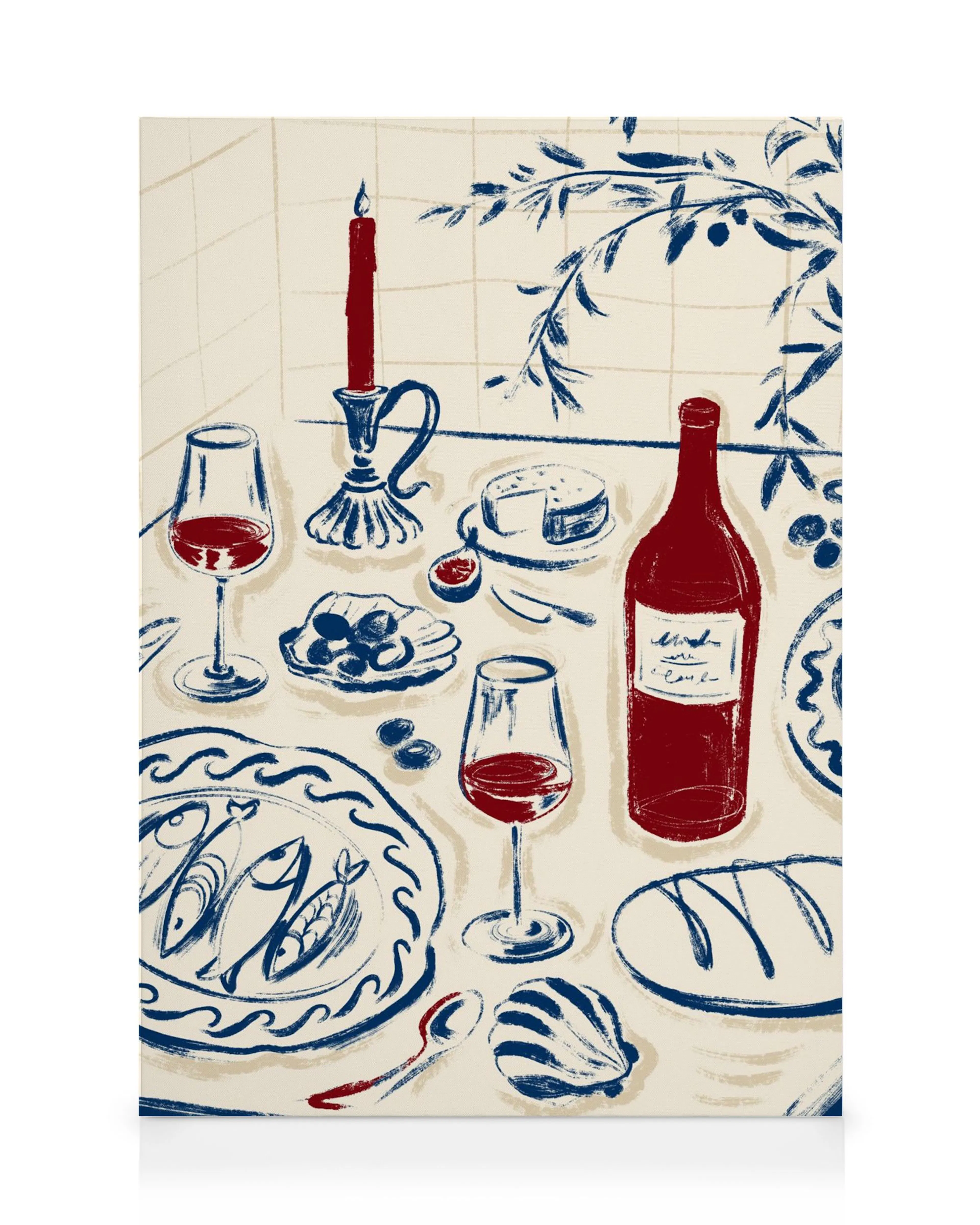 Leinwandbild mit einem Stillleben eines festlich gedeckten Tisches mit Rotwein, Fisch, Käse und Kerze in Blau, Rot und Beige.