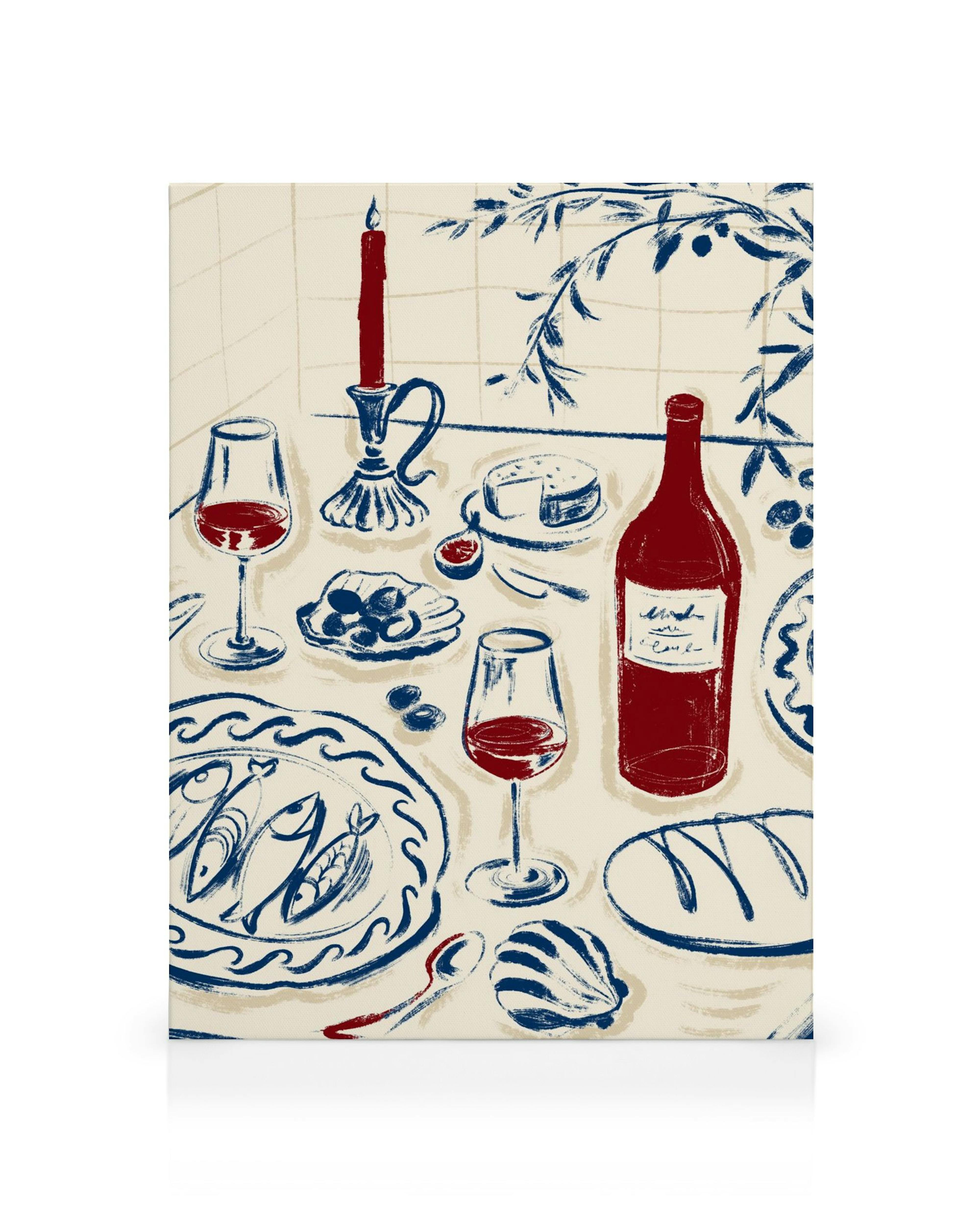 Een canvas met een illustratie van een gedekte tafel met rode wijn, vis, brood en kaas, in blauw en rood.