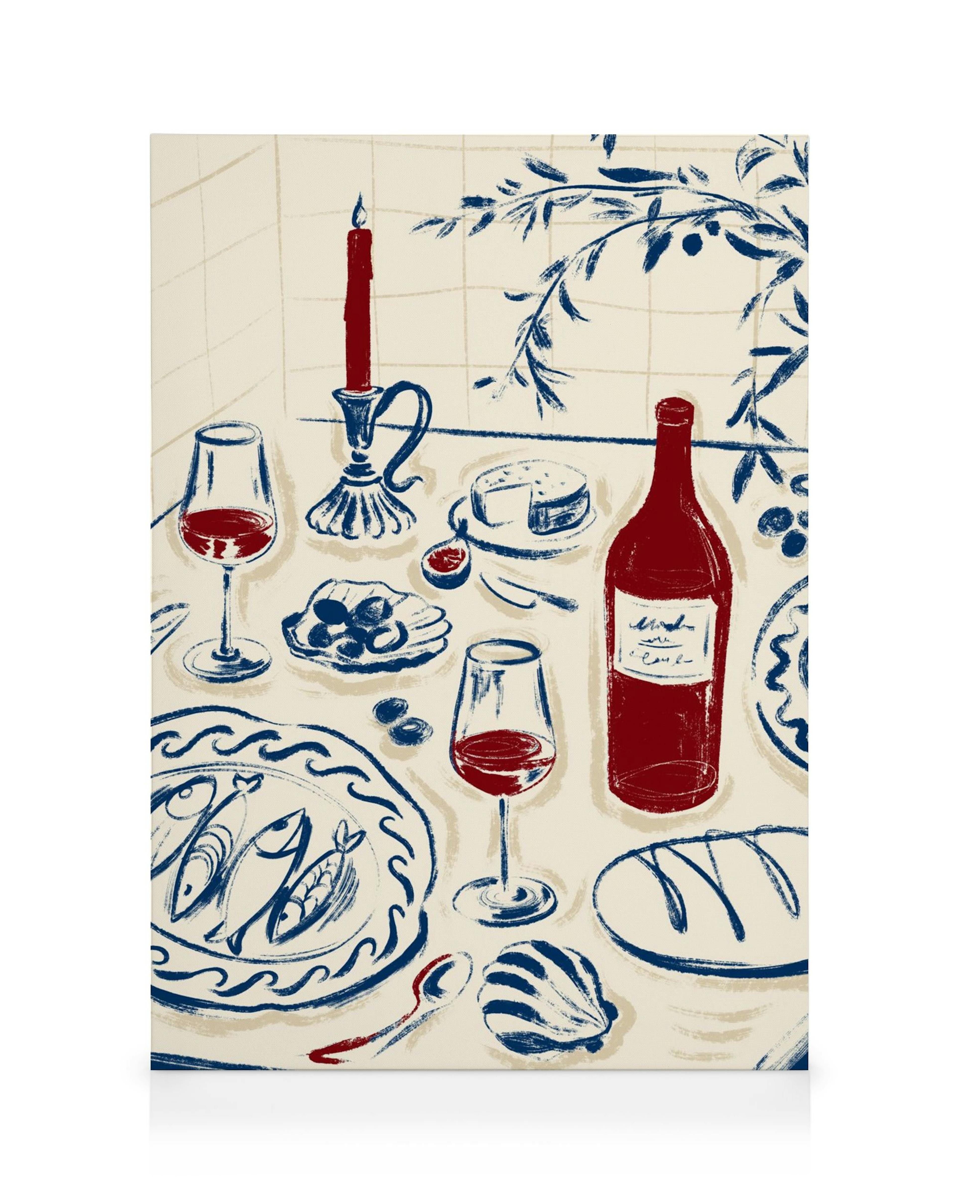 A Mediterranean-style canvas print featuring a table with a red wine bottle, glasses, cheese, olives, fish, and bread.
