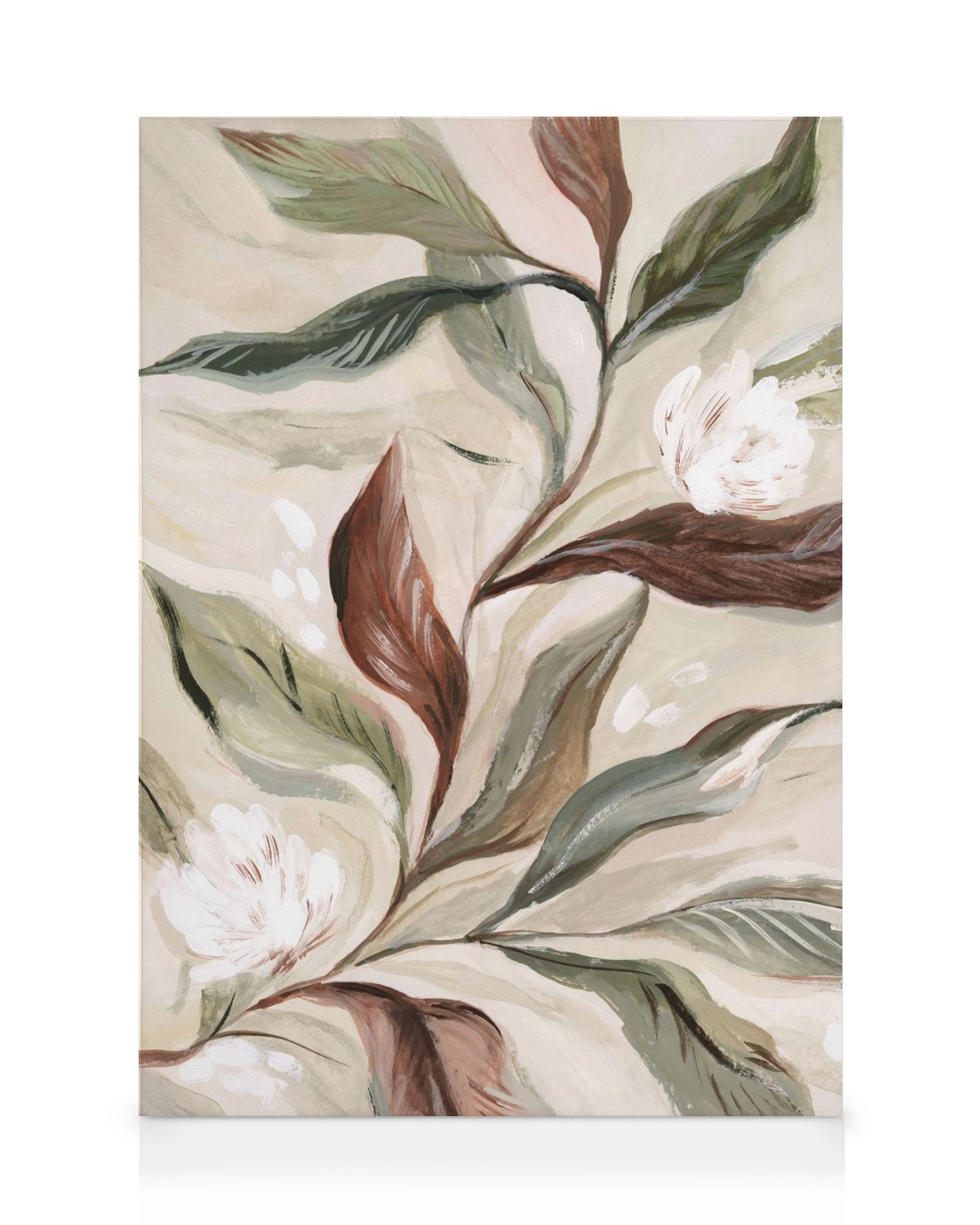 A canvas print featuring a botanical painting with muted green and brown leaves, and white flowers on a light background.