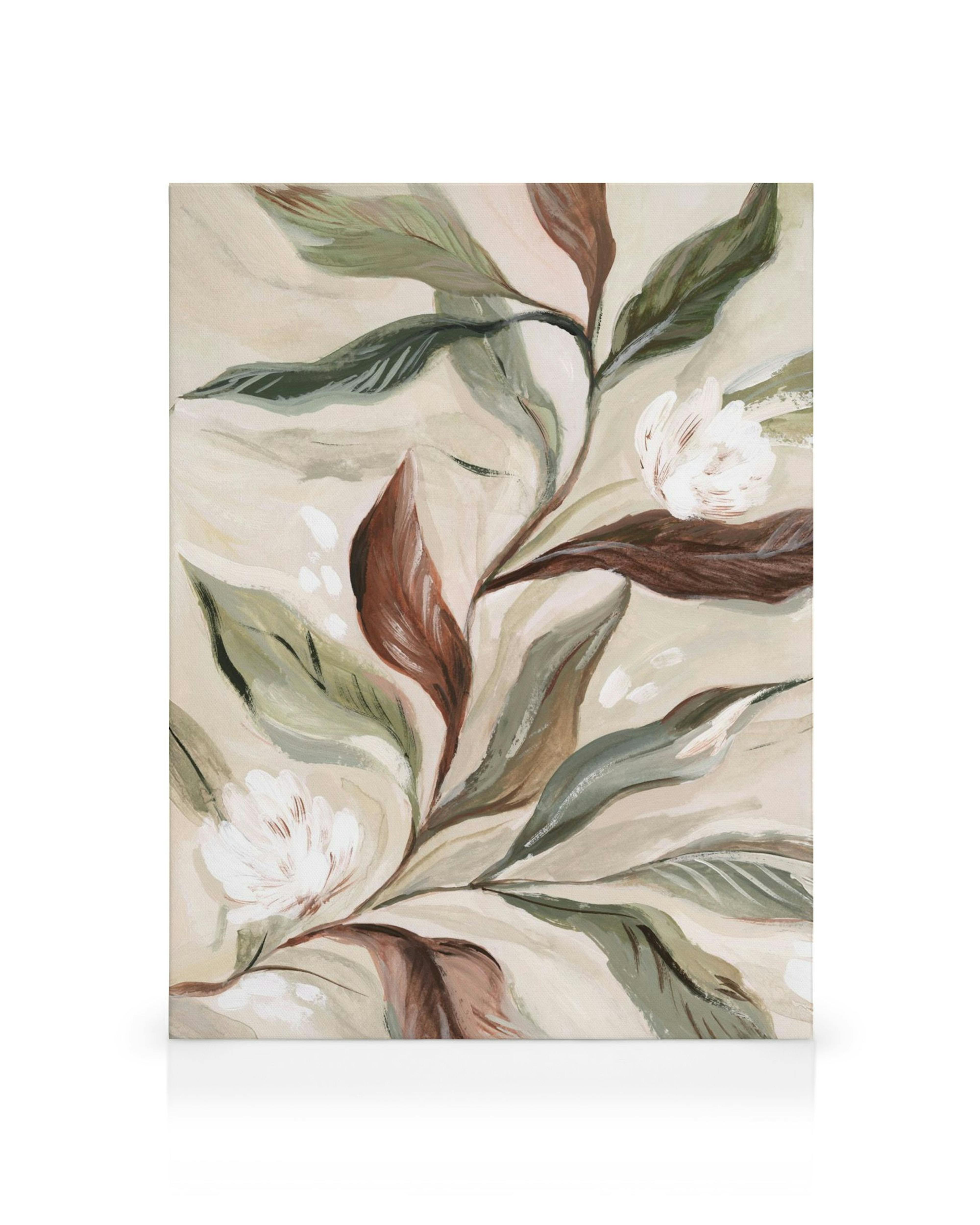 Lærred med illustrerede blade i grønne og brune nuancer og hvide blomster på en lys baggrund.