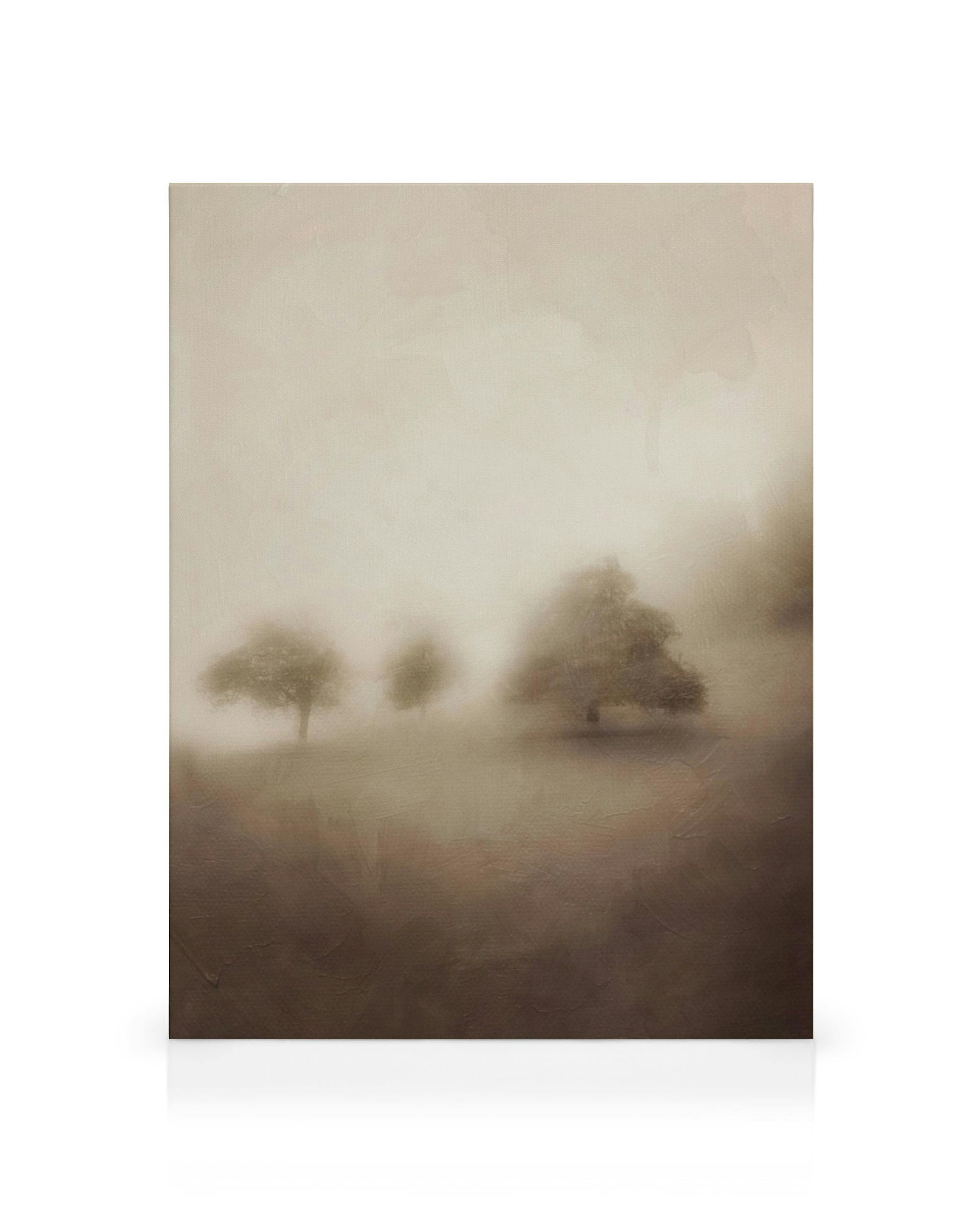 Καμβάς με τοπίο ομίχλης, δέντρα σε αποχρώσεις του καφέ και του μπεζ.