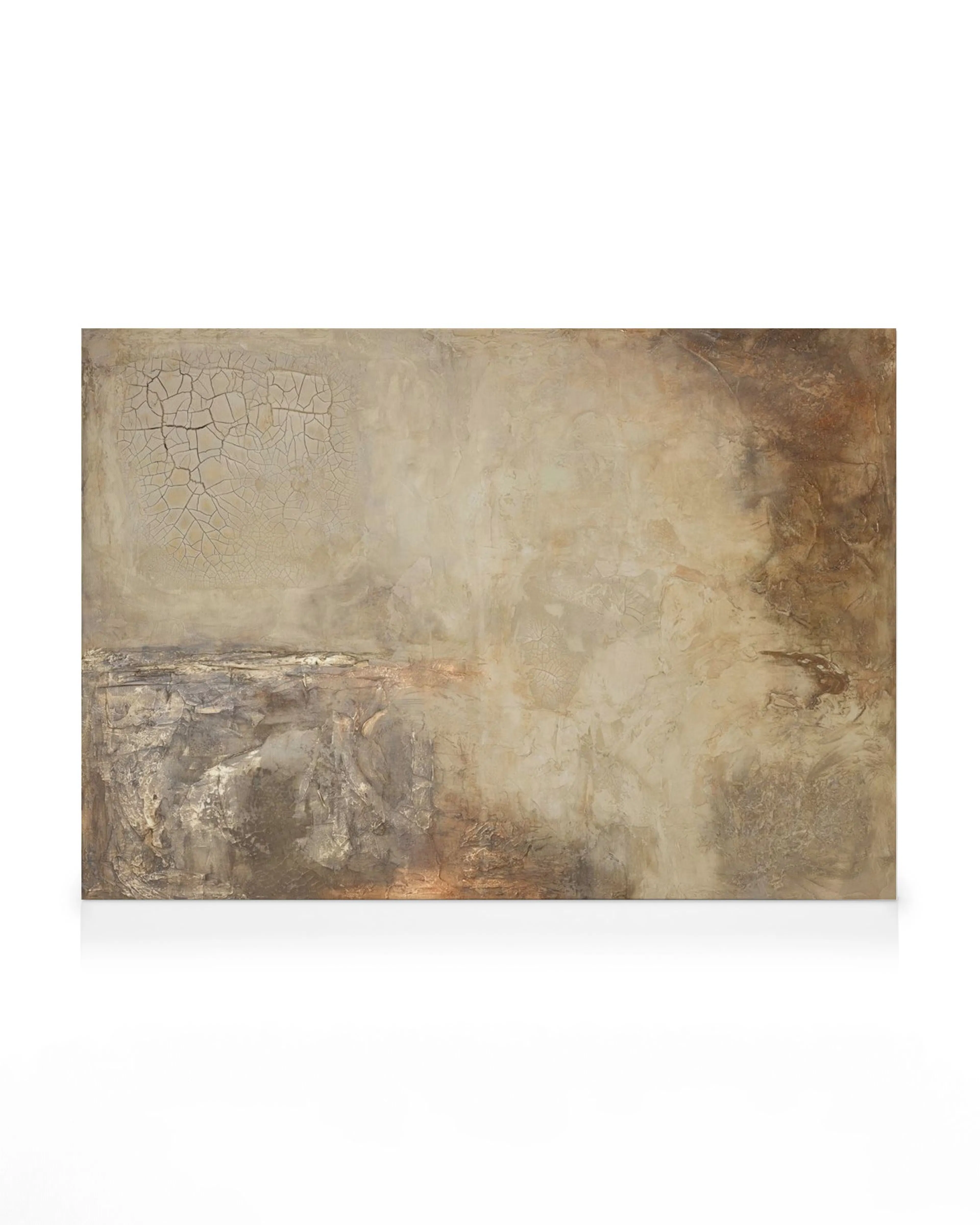 A canvas print with a distressed, textured abstract design in earthy tones of beige, brown, and gray, featuring cracked patterns