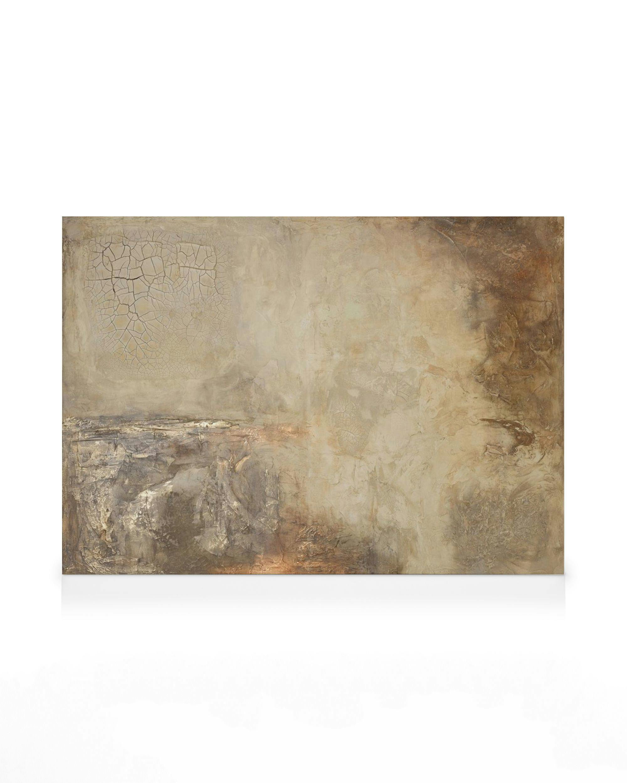 A canvas print with a distressed, textured abstract design in earthy tones of beige, brown, and gray, featuring cracked patterns