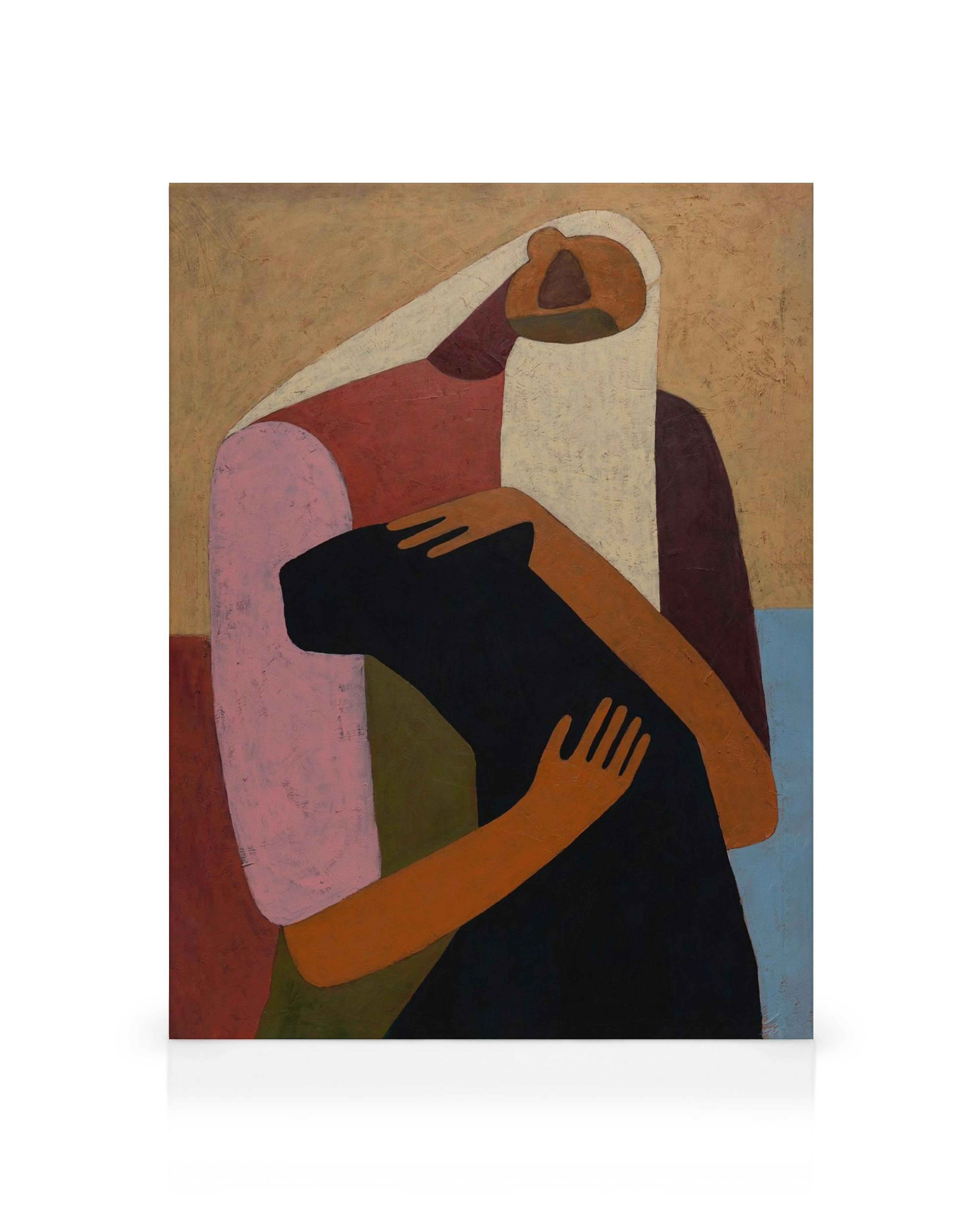 Obraz na płótnie przedstawiający dwie abstrakcyjne postacie, jedną obejmującą drugą, w ciepłych barwach.