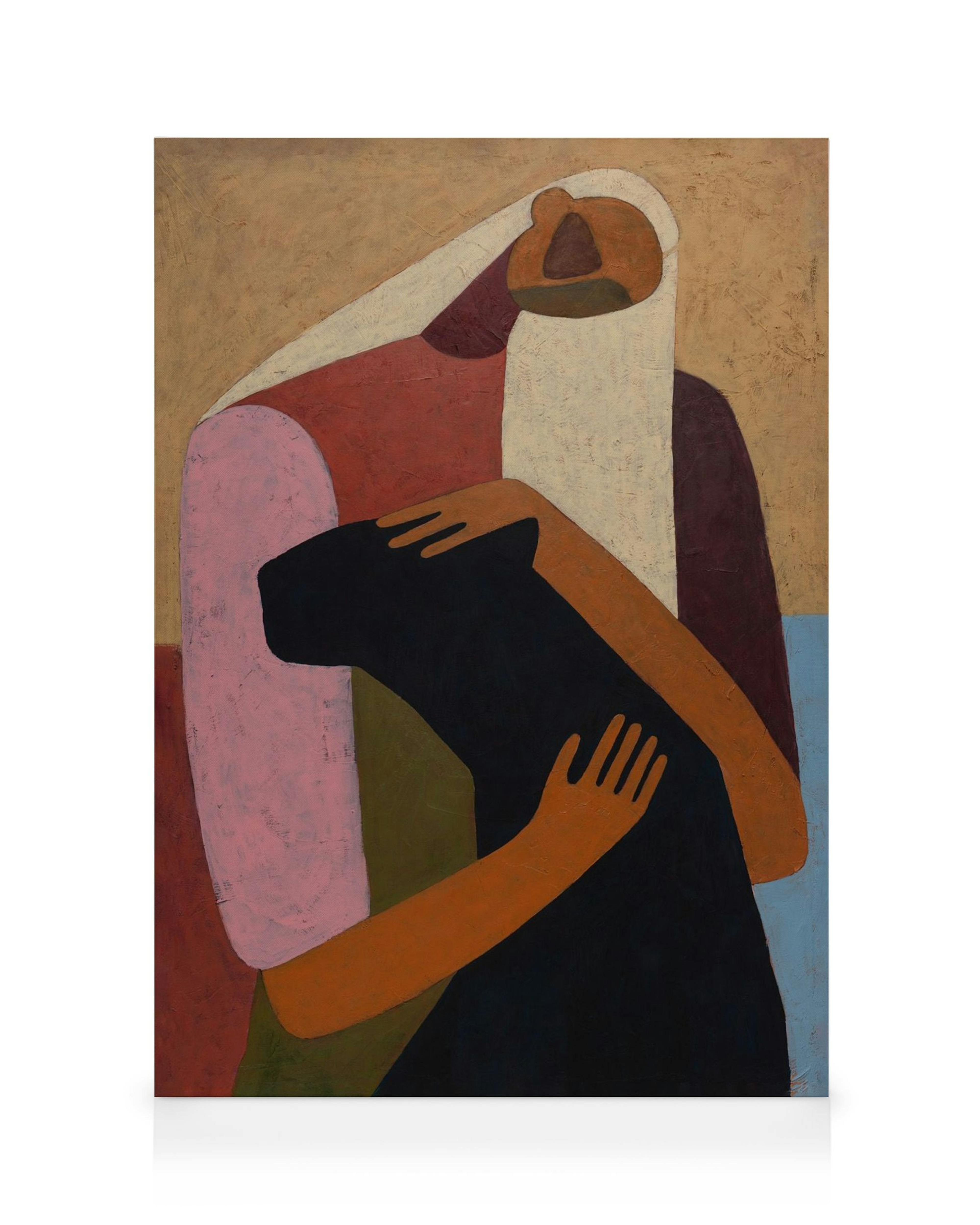 A canvas print portraying two abstract figures embracing, with hands and arms in warm tones, and bodies in dark, light pink, and