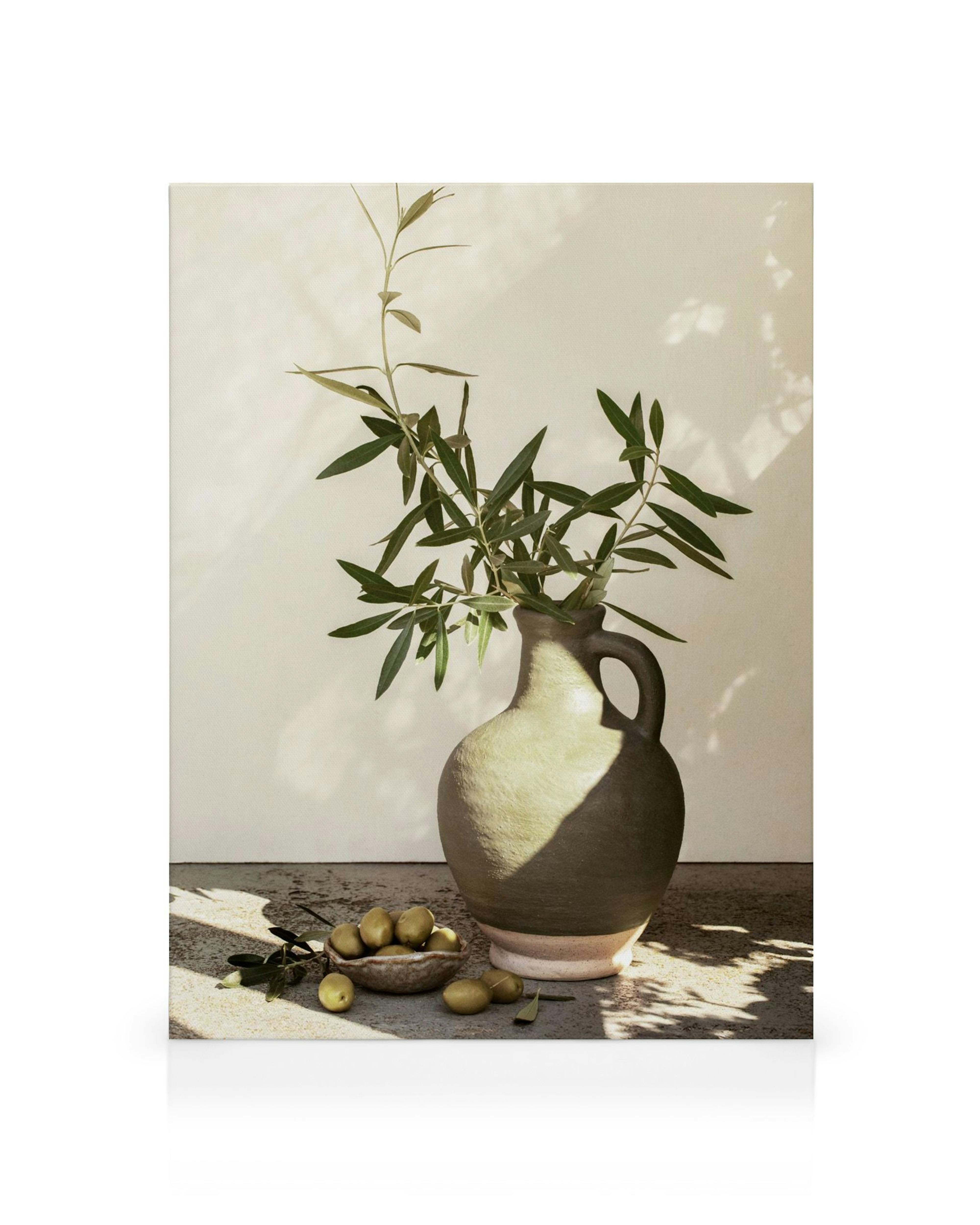 Lienzo de una jarra de arcilla con ramas de olivo y aceitunas sobre una superficie de hormigón con luces y sombras.
