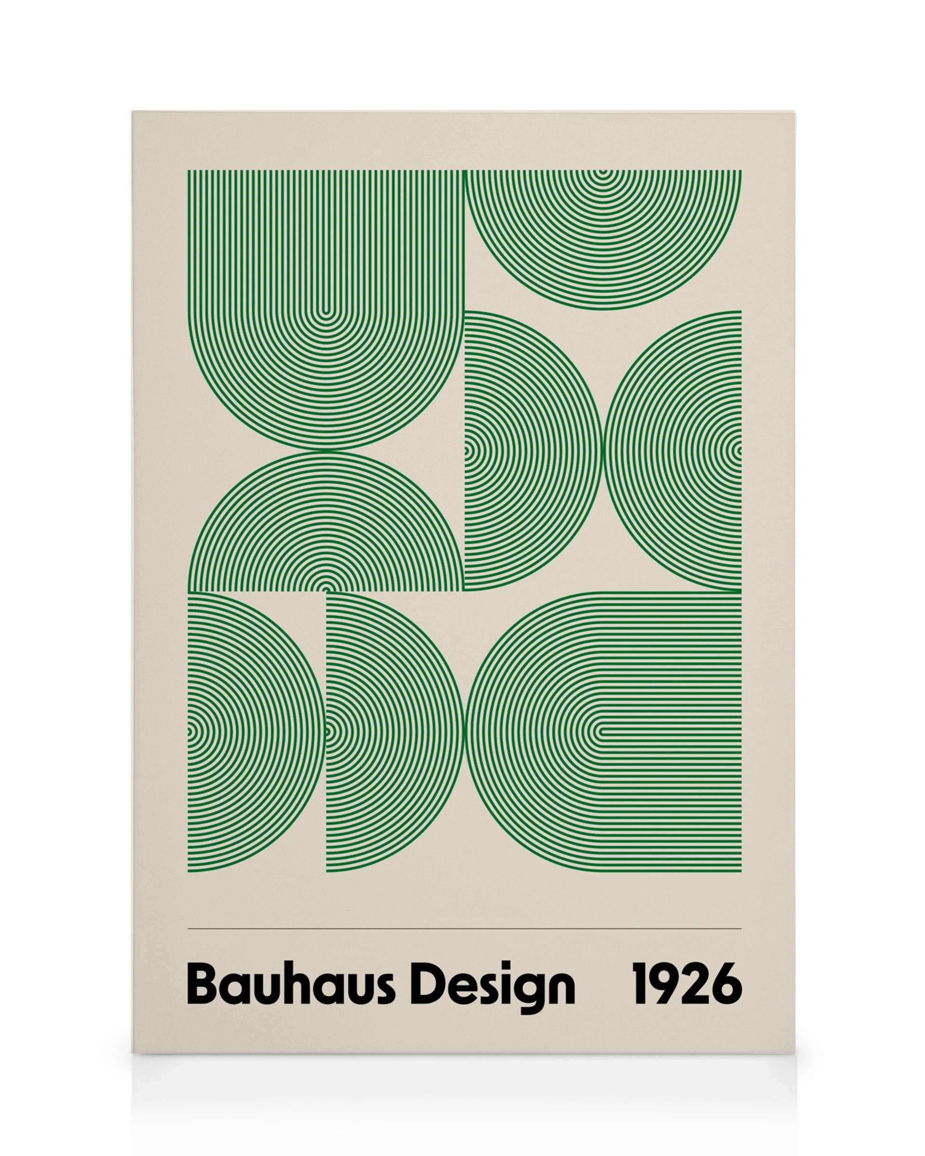 Lienzo de diseño Bauhaus con formas geométricas verdes de arcos concéntricos, sobre un fondo beige claro.
