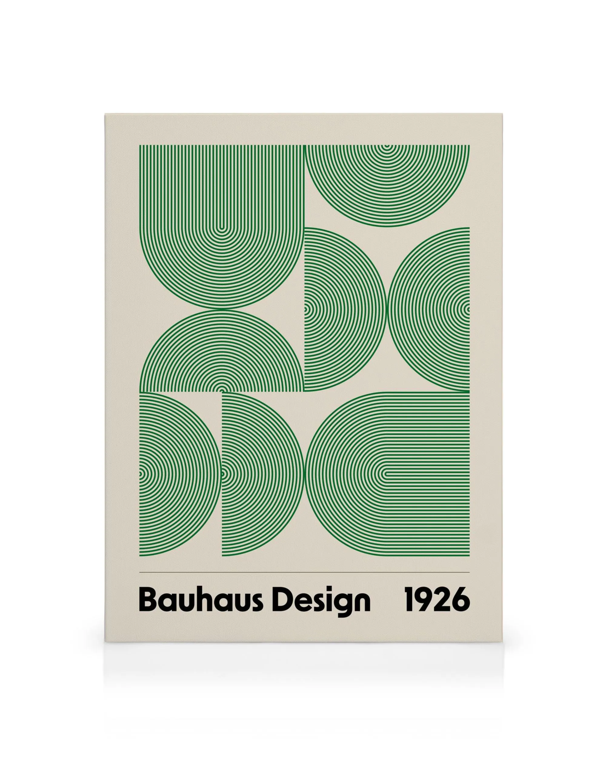 A Bauhaus-style canvas print featuring green concentric circles and semicircles on a light cream background.