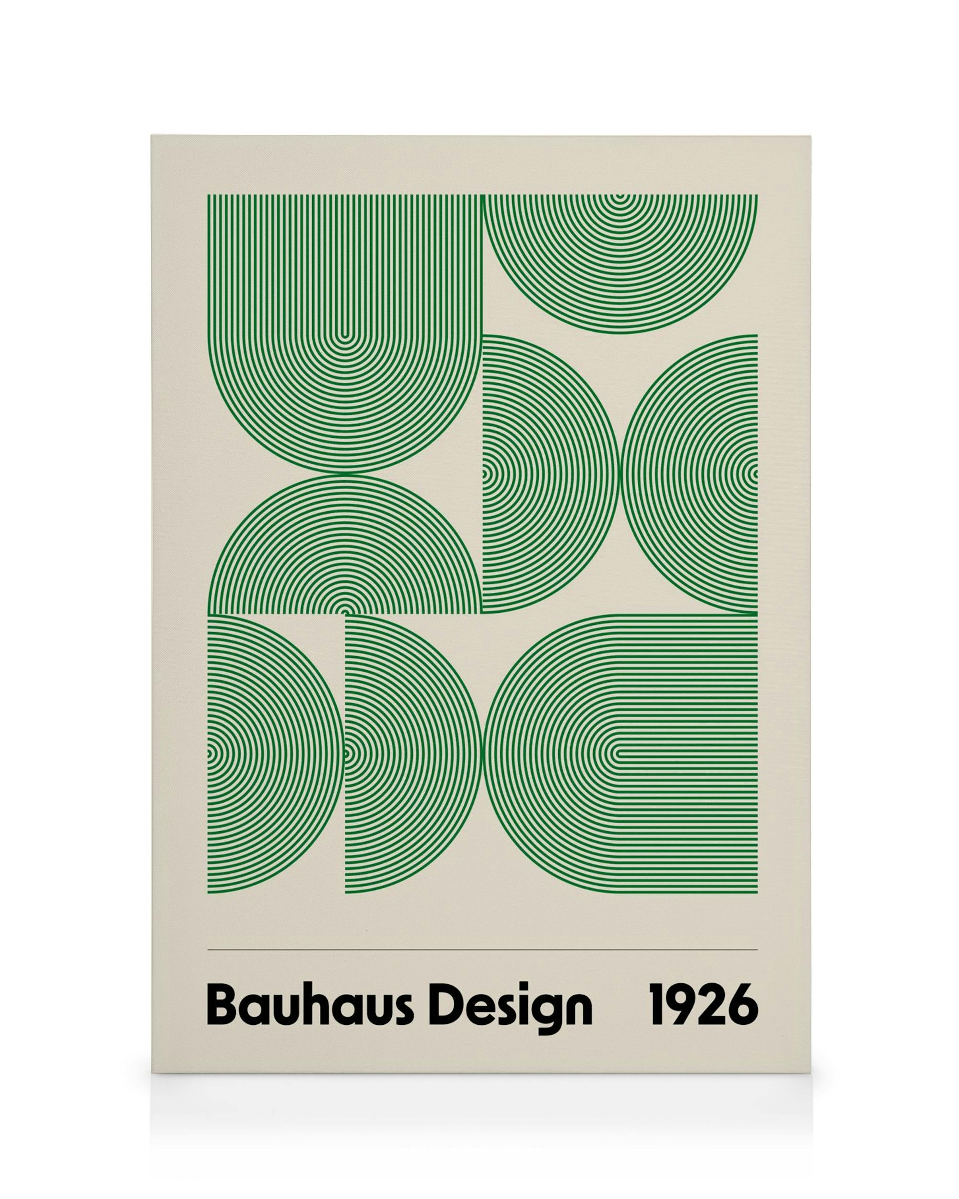 A Bauhaus-inspired canvas print with a geometric pattern of green lines forming semicircles and arcs on a light beige background