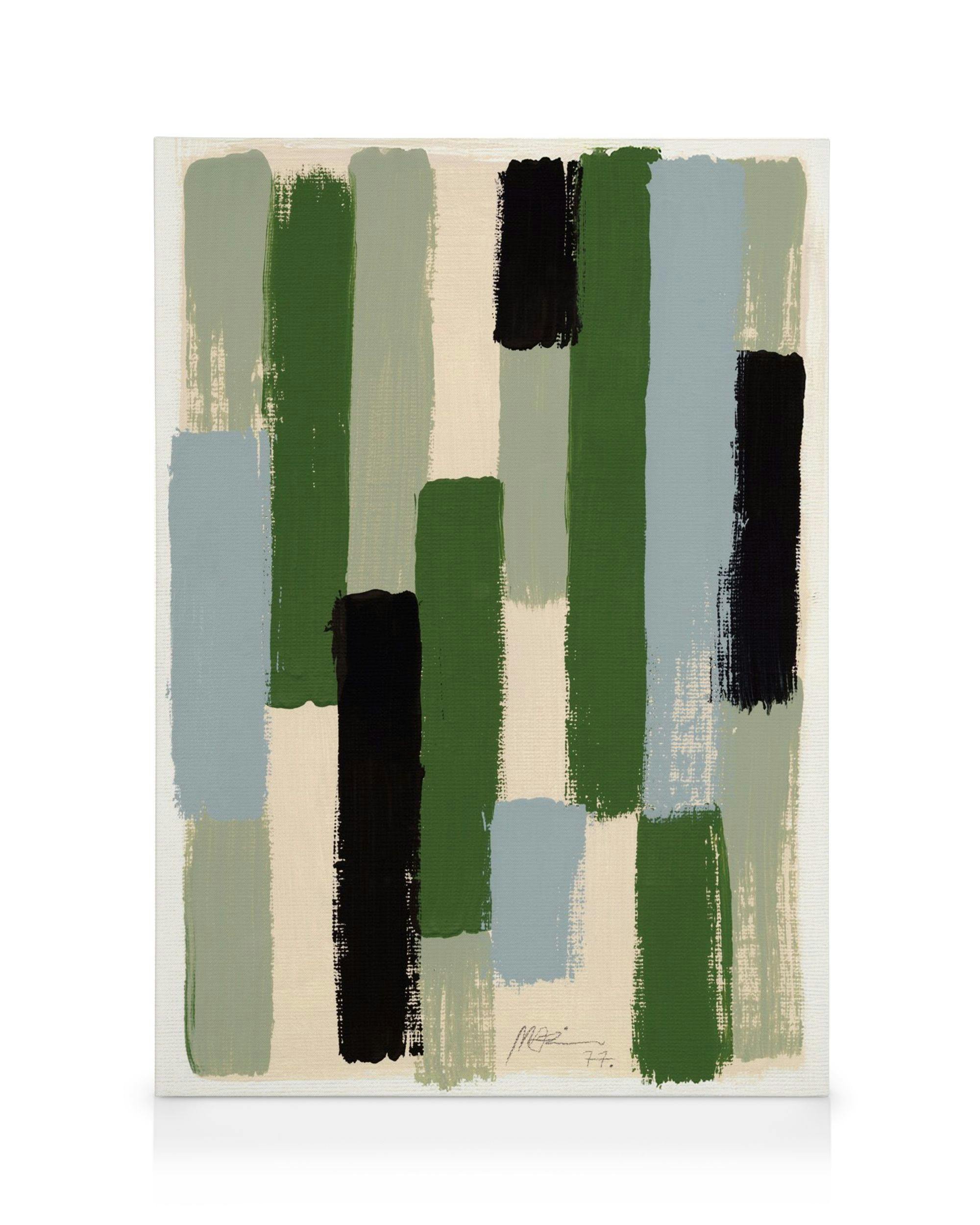 Toile abstraite avec des blocs de couleurs vert, noir, bleu-gris et beige sur fond clair.