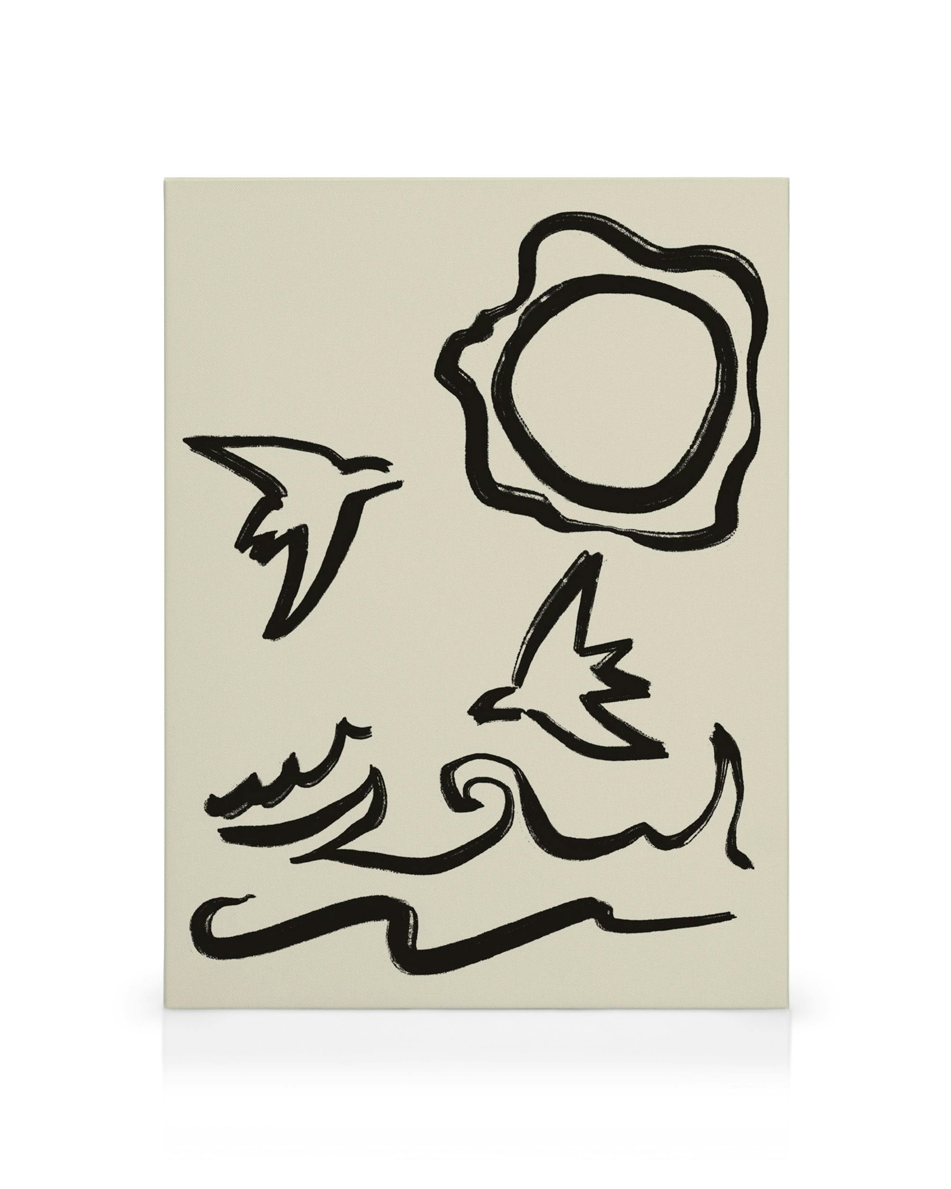 Leinwandbild mit schwarzem Pinselstrich-Motiv von fliegenden Vögeln, Wellen und einer Sonne auf hellem Hintergrund.