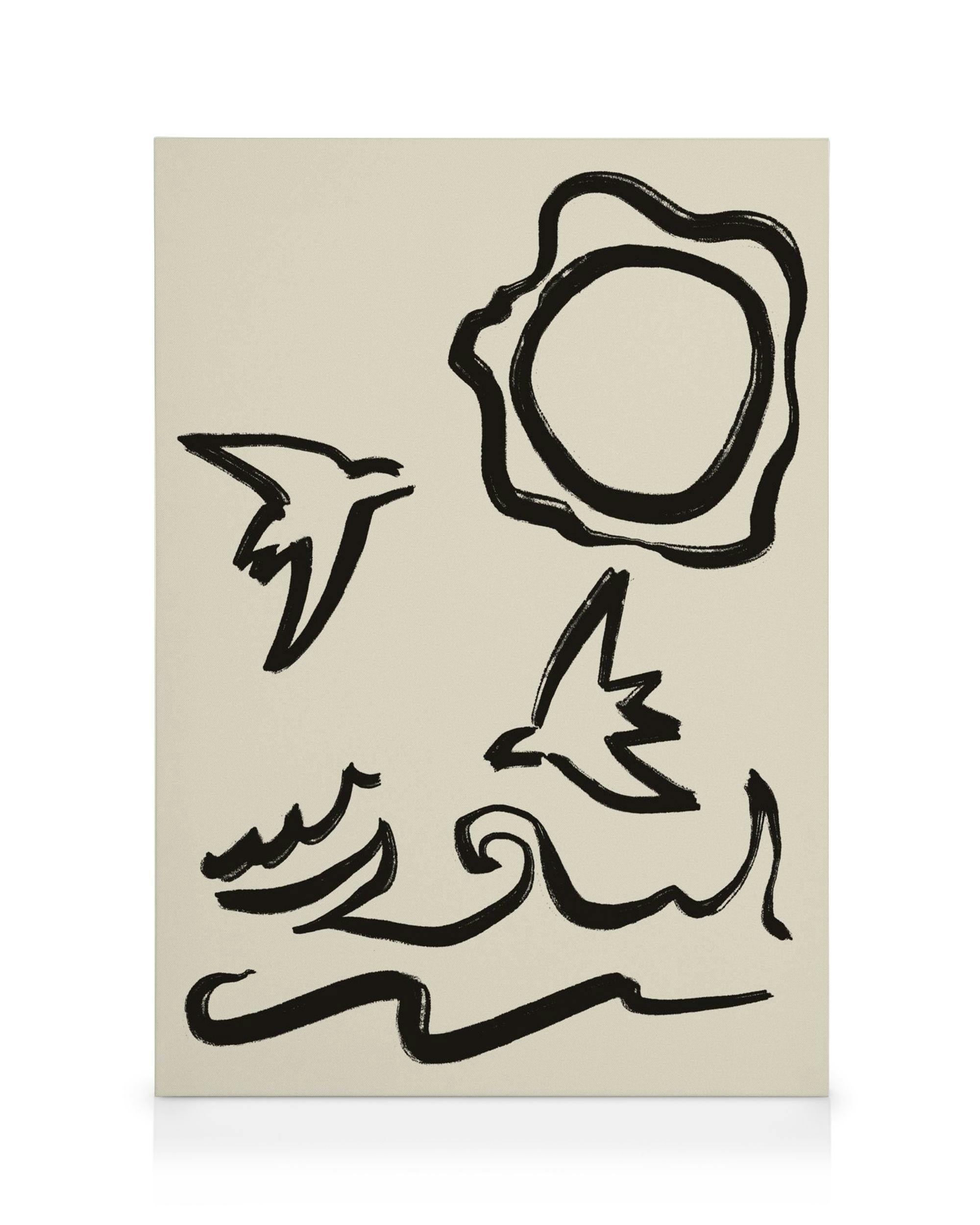 Toile beige avec motif abstrait noir : deux oiseaux, des vagues et un soleil stylisé.
