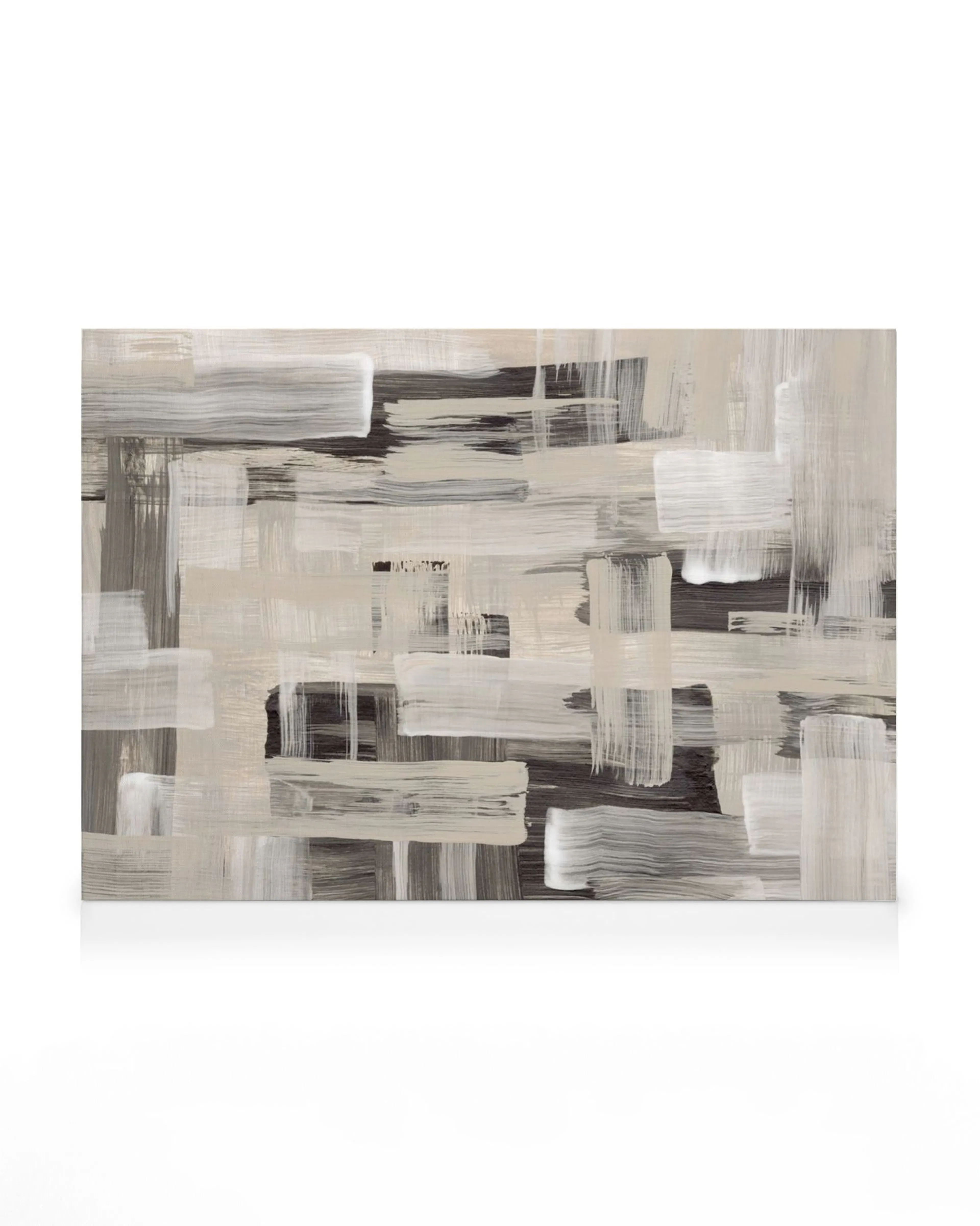 Toile abstraite avec des coups de pinceau horizontaux et verticaux gris, beiges et blancs.