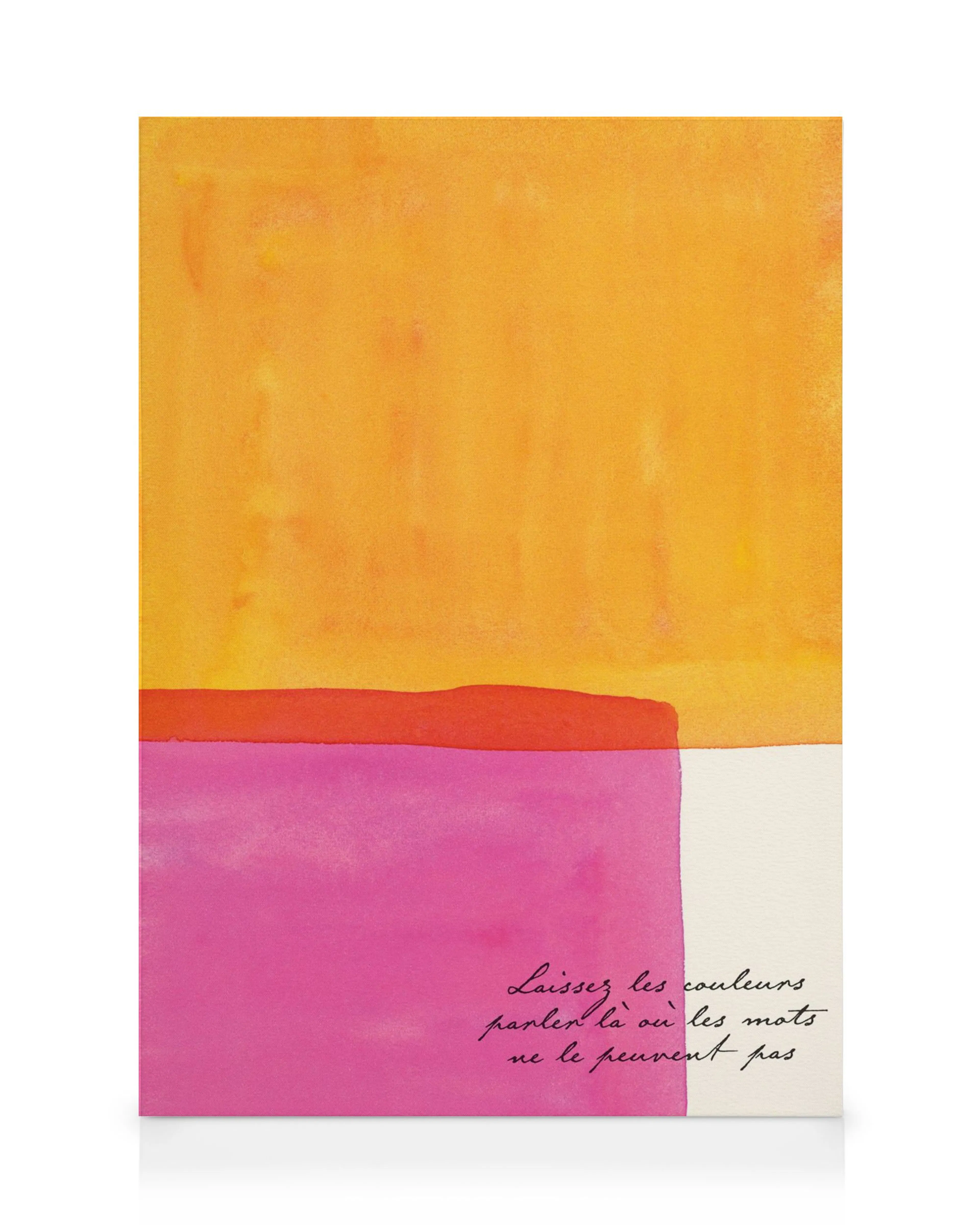 Leinwandbild mit Farbblöcken in Orange, Rot und Pink, und französischer Schrift Laissez les couleurs parler.