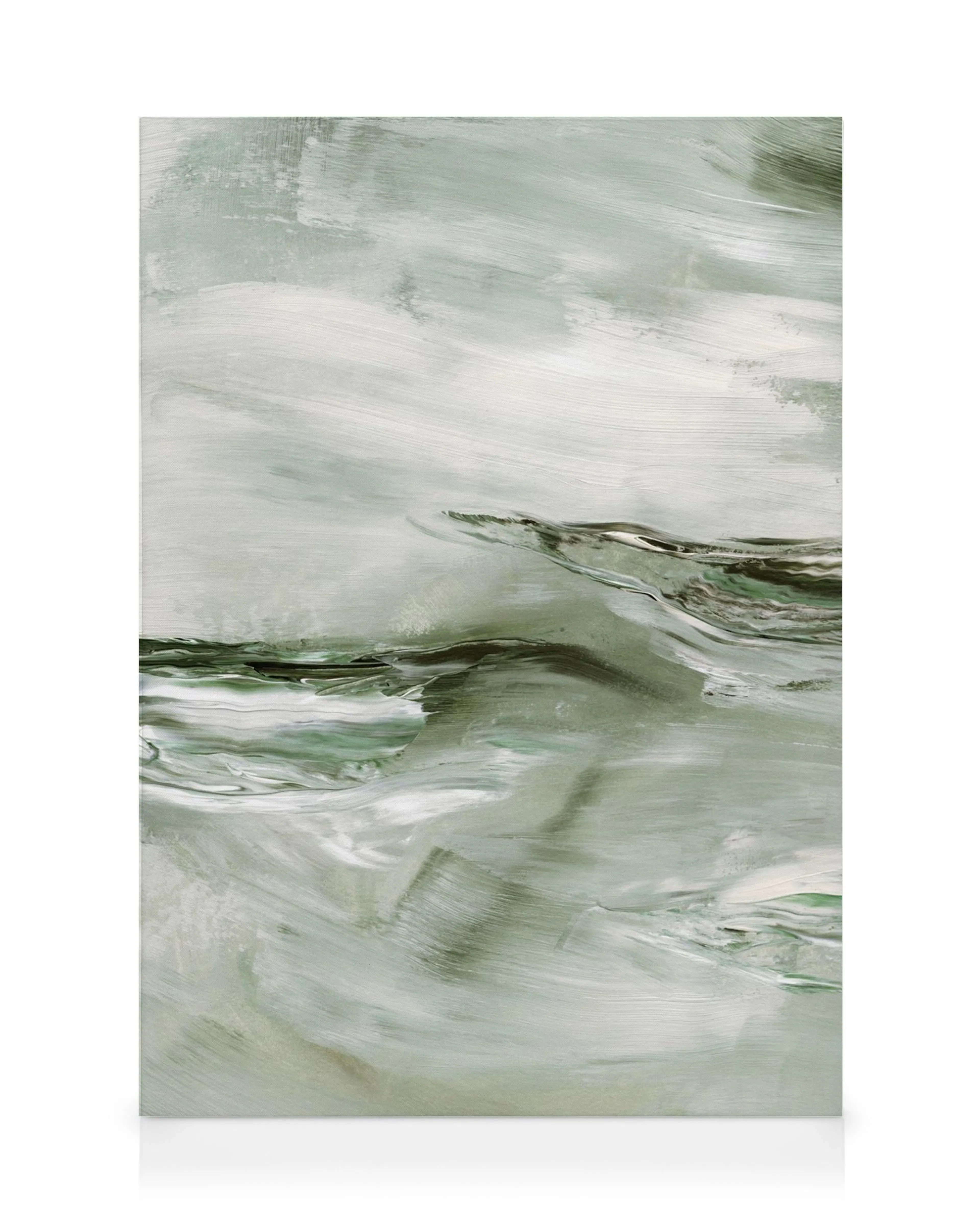 A canvas print featuring an abstract design with brushstrokes in shades of sage green, white, and dark green, resembling a storm