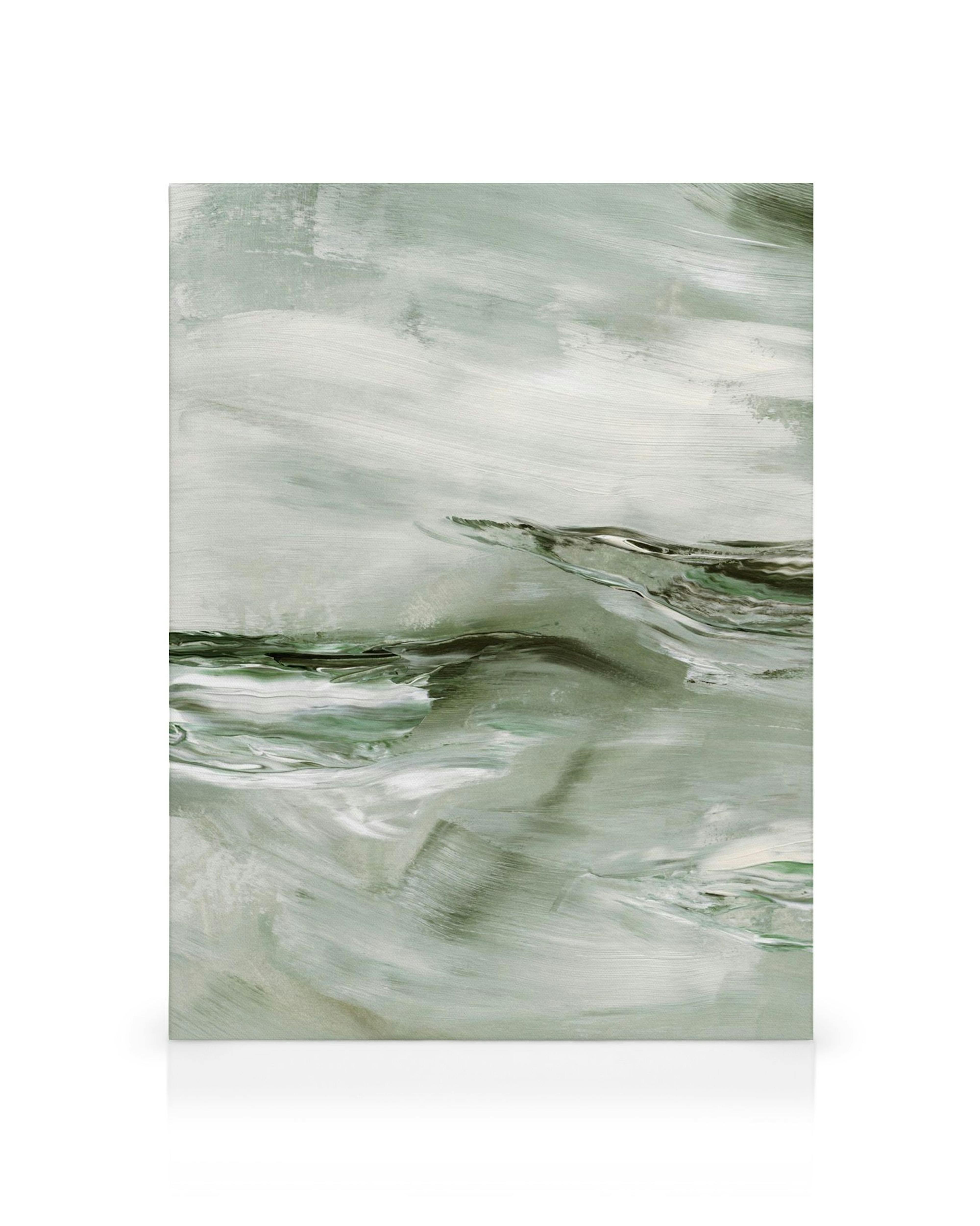 Stampa su tela astratta con pennellate bianche e verdi che suggeriscono il movimento delle onde marine.