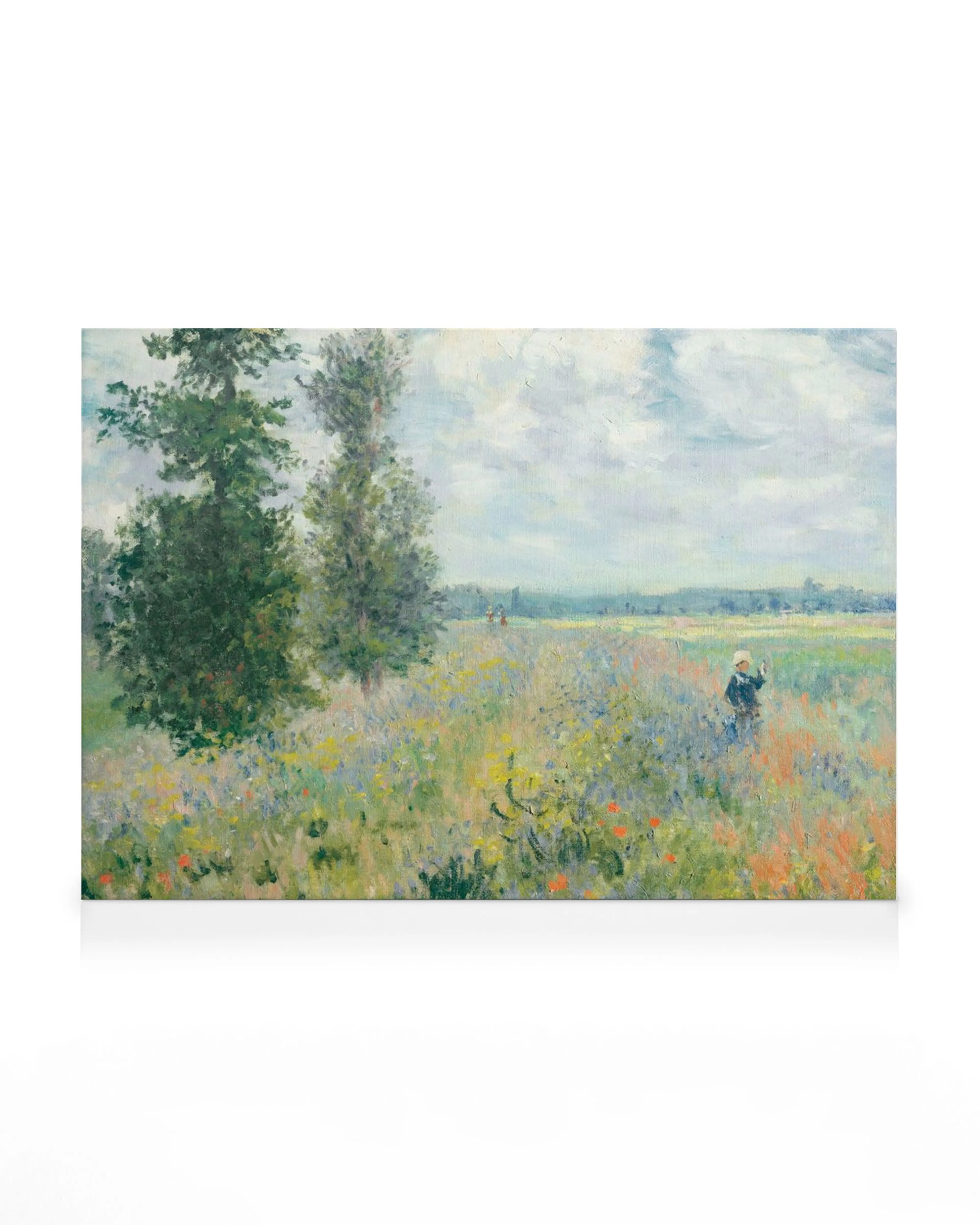 Leinwandbild mit einem impressionistischen Gemälde einer Frau in einem bunten Blumenfeld unter einem bewölkten Himmel.