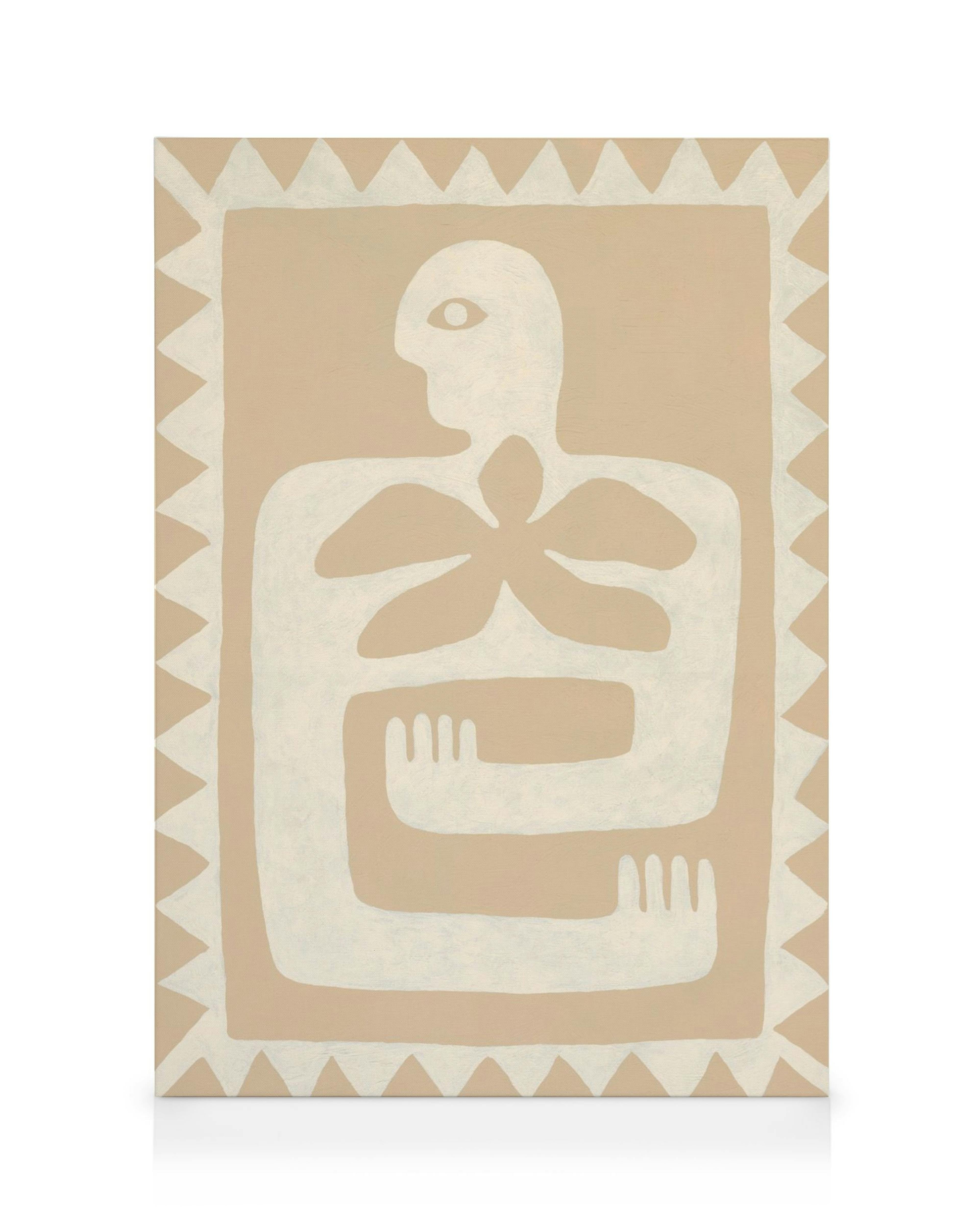 Abstrakti ihmishahmo, jossa on kukkaa muistuttava rintakehä, vaaleanbeigellä kanvaasilla. Teosta kehystää kolmiokuvio.