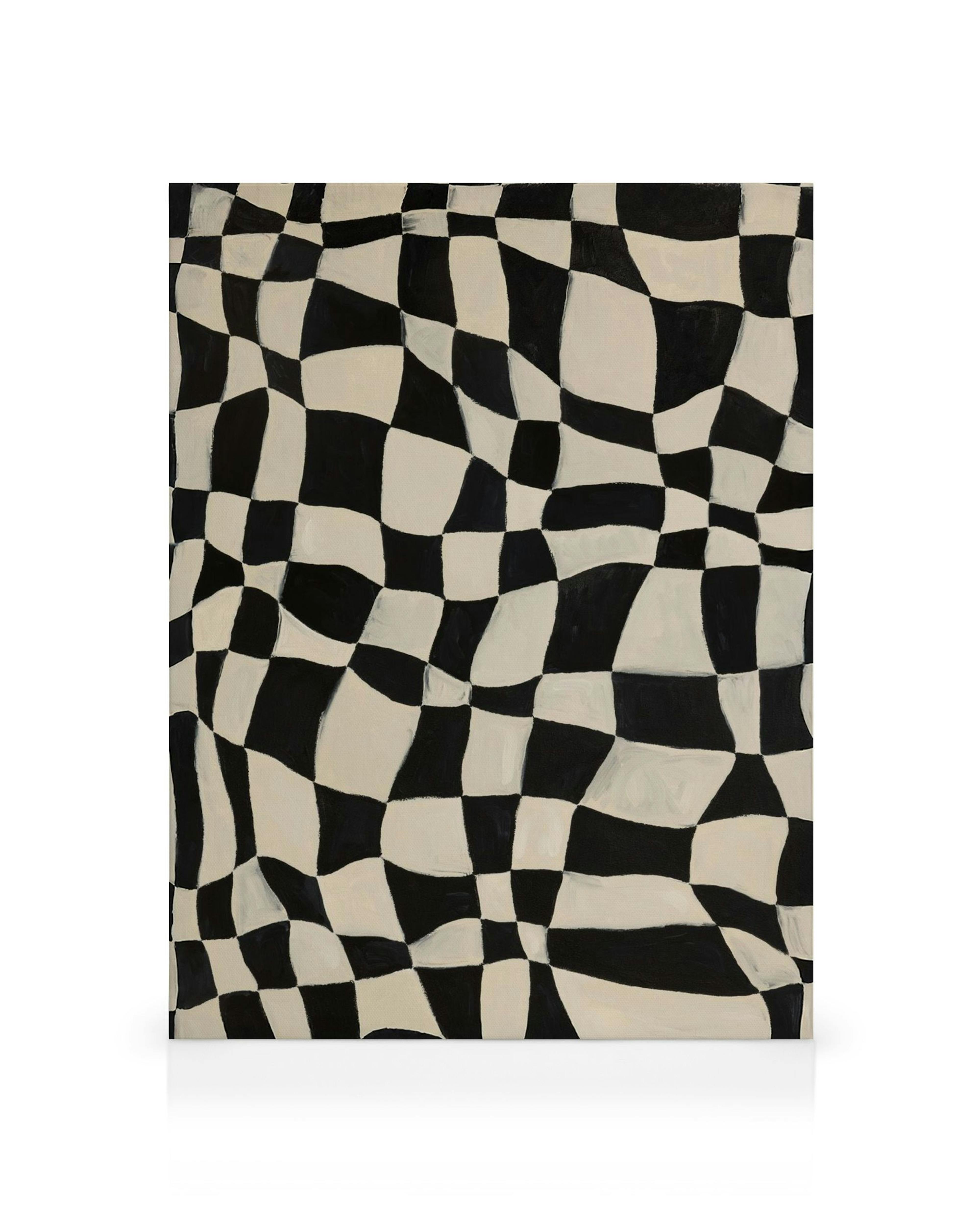 A canvas print featuring a black and white distorted checkerboard pattern with wavy, uneven squares.