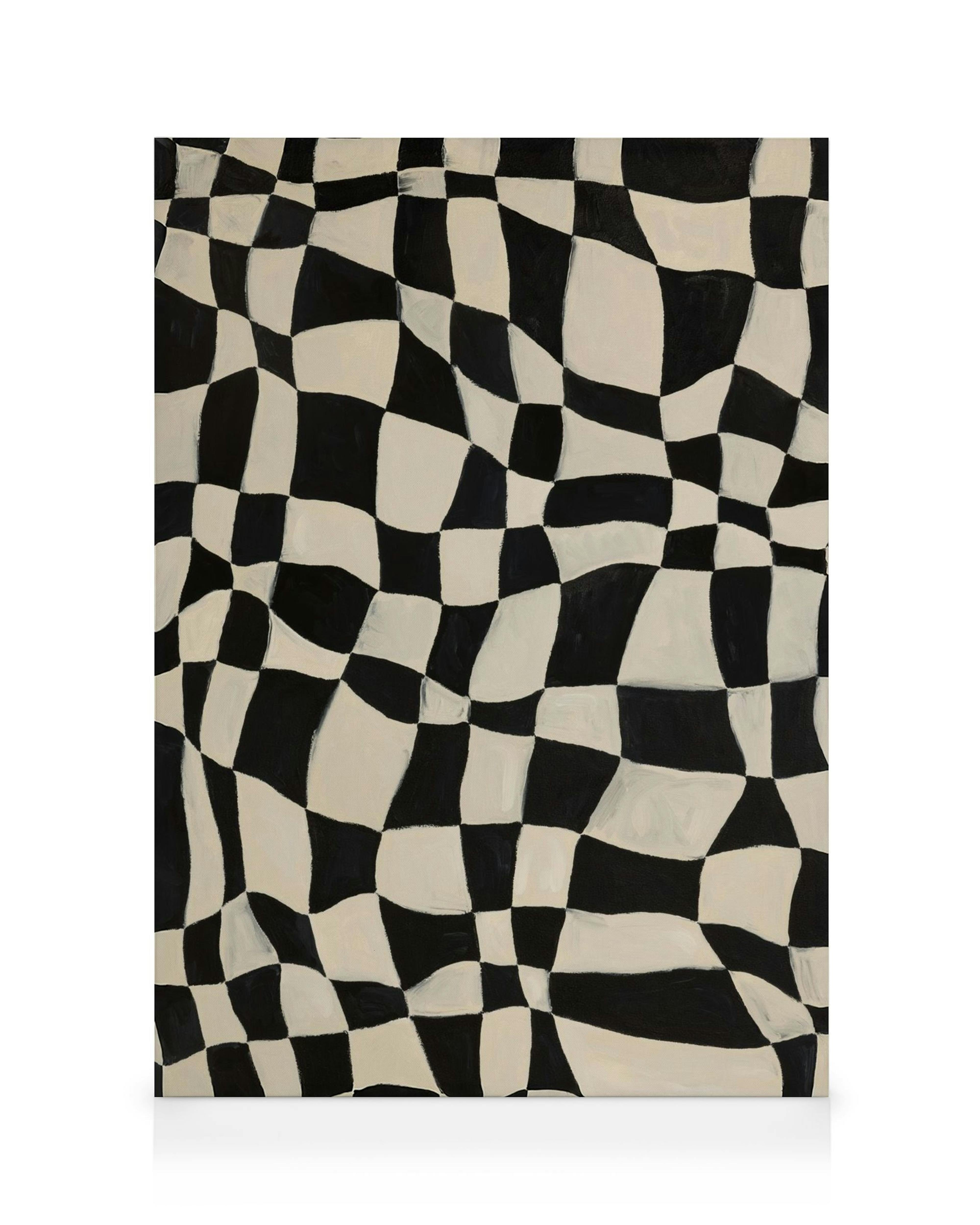A canvas print featuring a black and white checkerboard pattern with distorted, wavy squares.