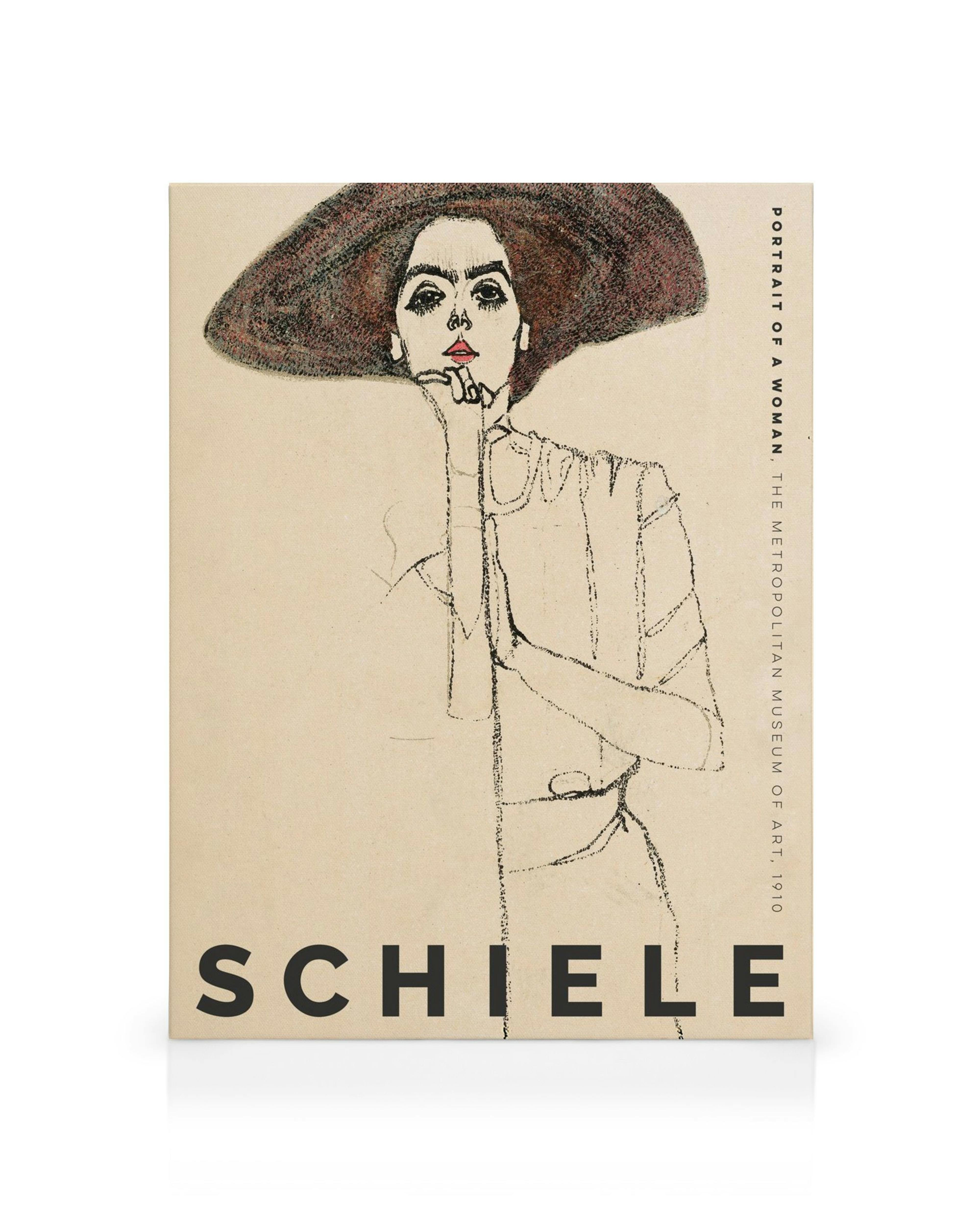 Leinwandbild von Egon Schieles Portrait einer Frau mit einer Frau mit Hut in neutralen Farbtönen und pinkfarbenen Lippen.