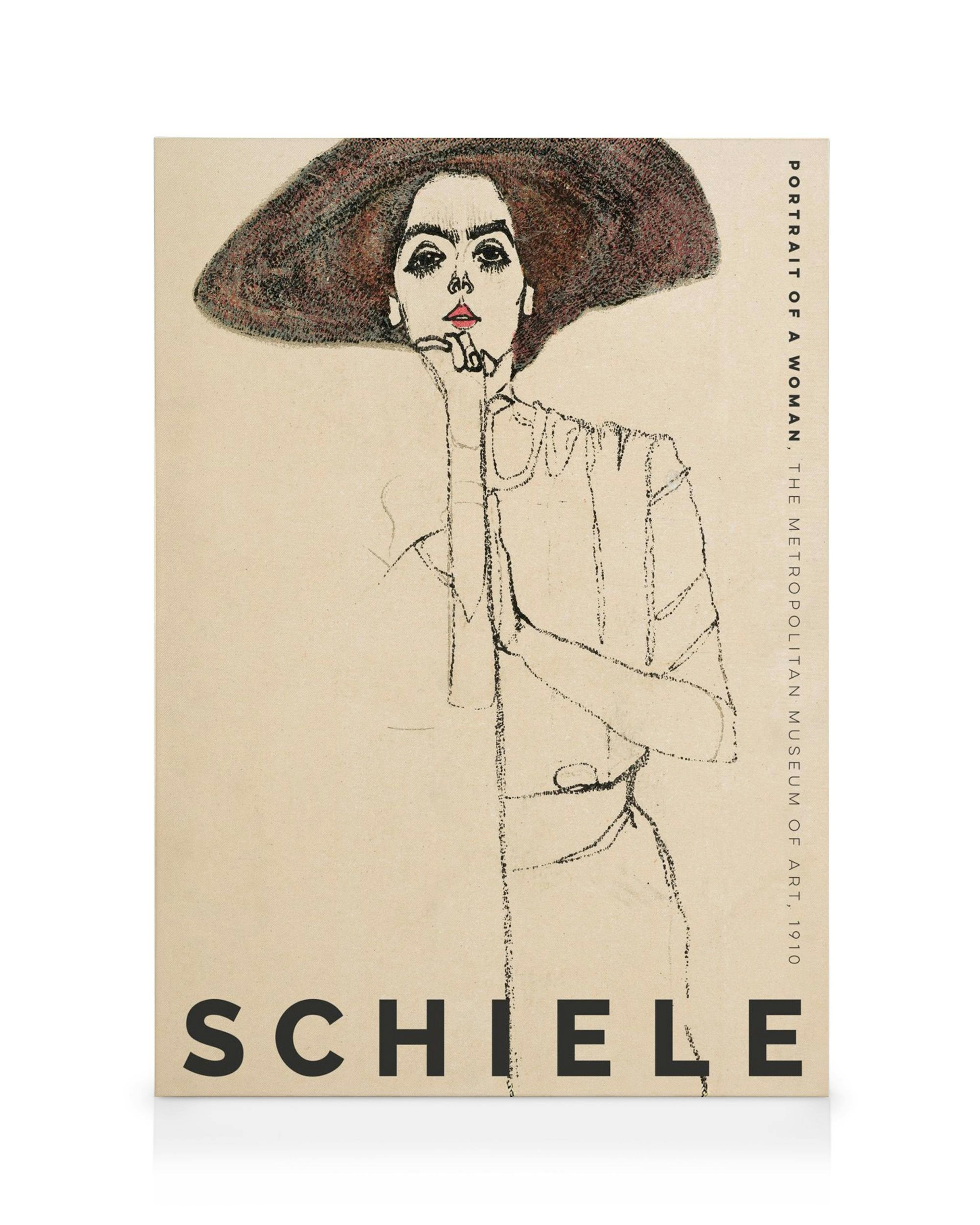 Canvastavla med Schieles verk Portrait of a Woman med en kvinna i hatt, texten SCHIELE och PORTRAIT OF A WOMAN i svart.