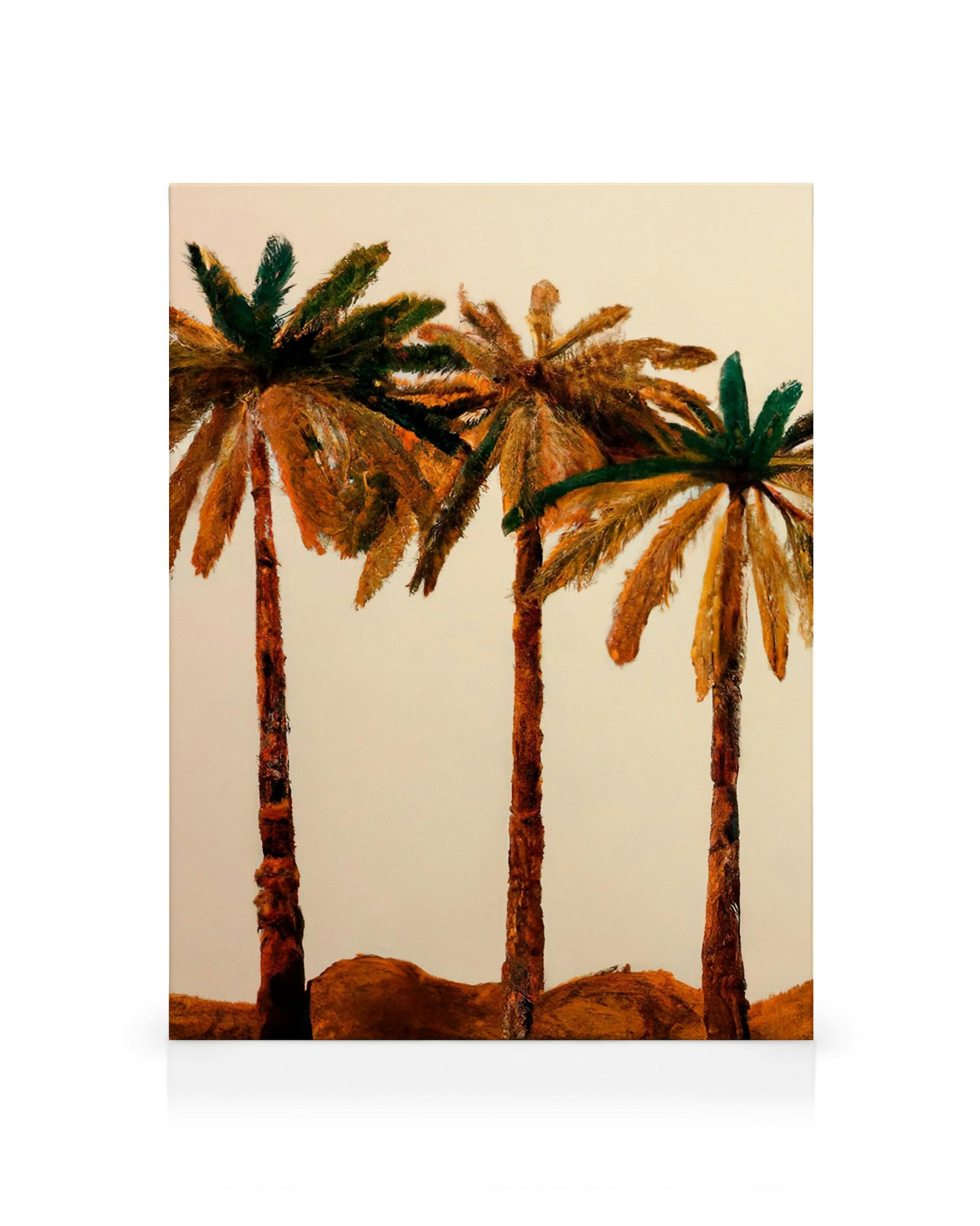Stampa su tela che raffigura tre palme con tronchi e fronde nei toni del marrone e del verde su uno sfondo bianco sporco.